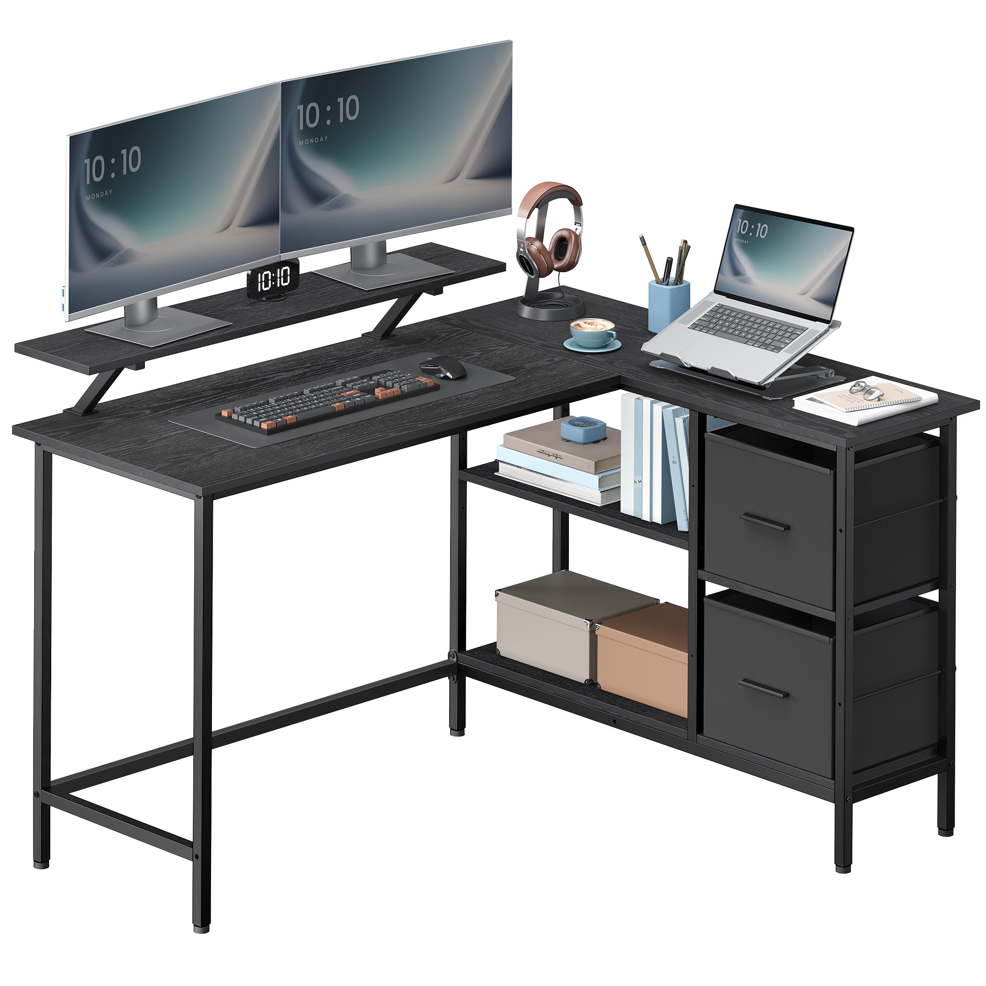 L-shaped Desk With 2 Spacious Drawers Gaming Desk With Monitor Stand Computer Desk With Adjustable Storage Shelf For Home Office