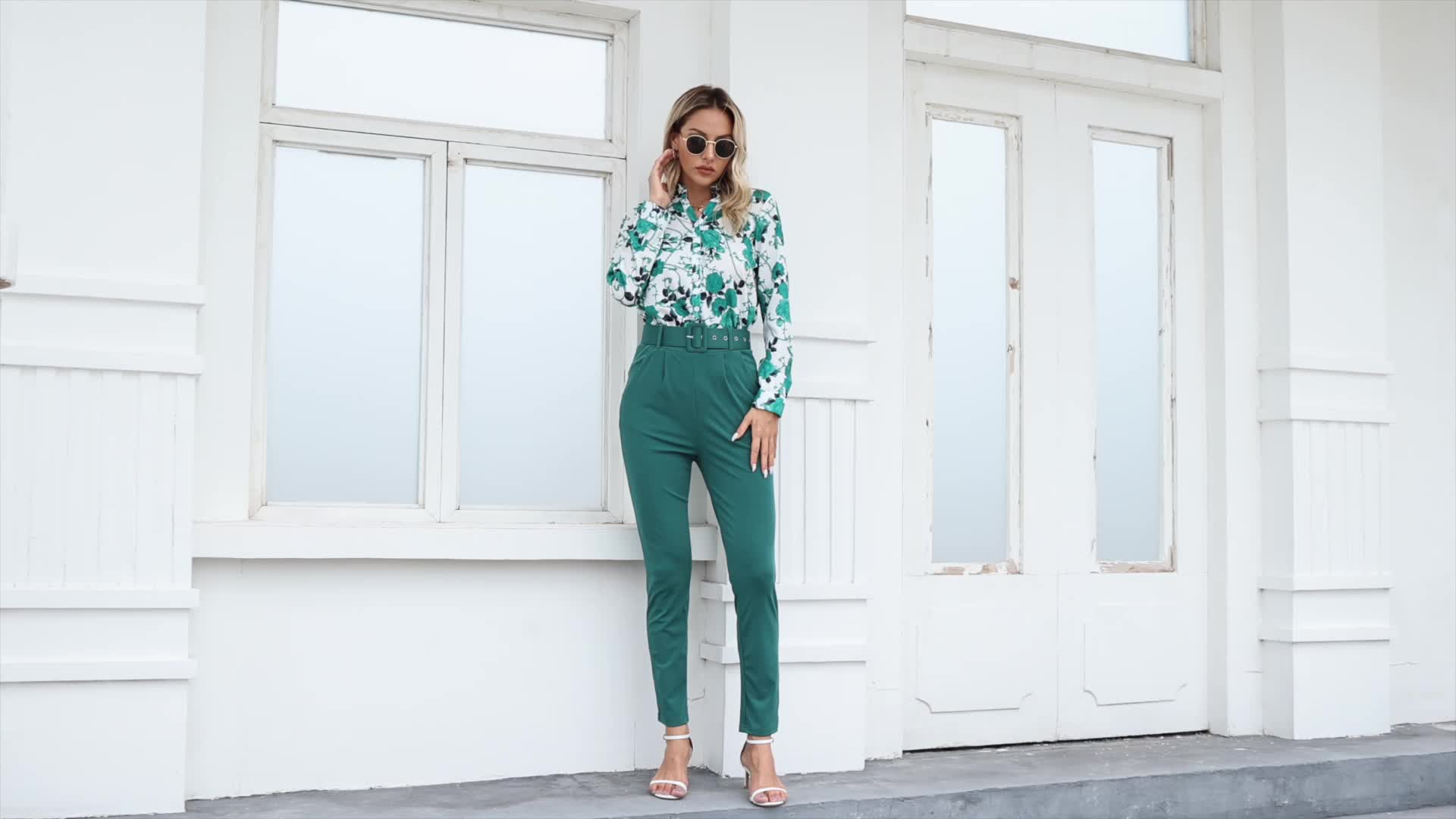Floral Print V Neck Blouse & Tapered Pants Set