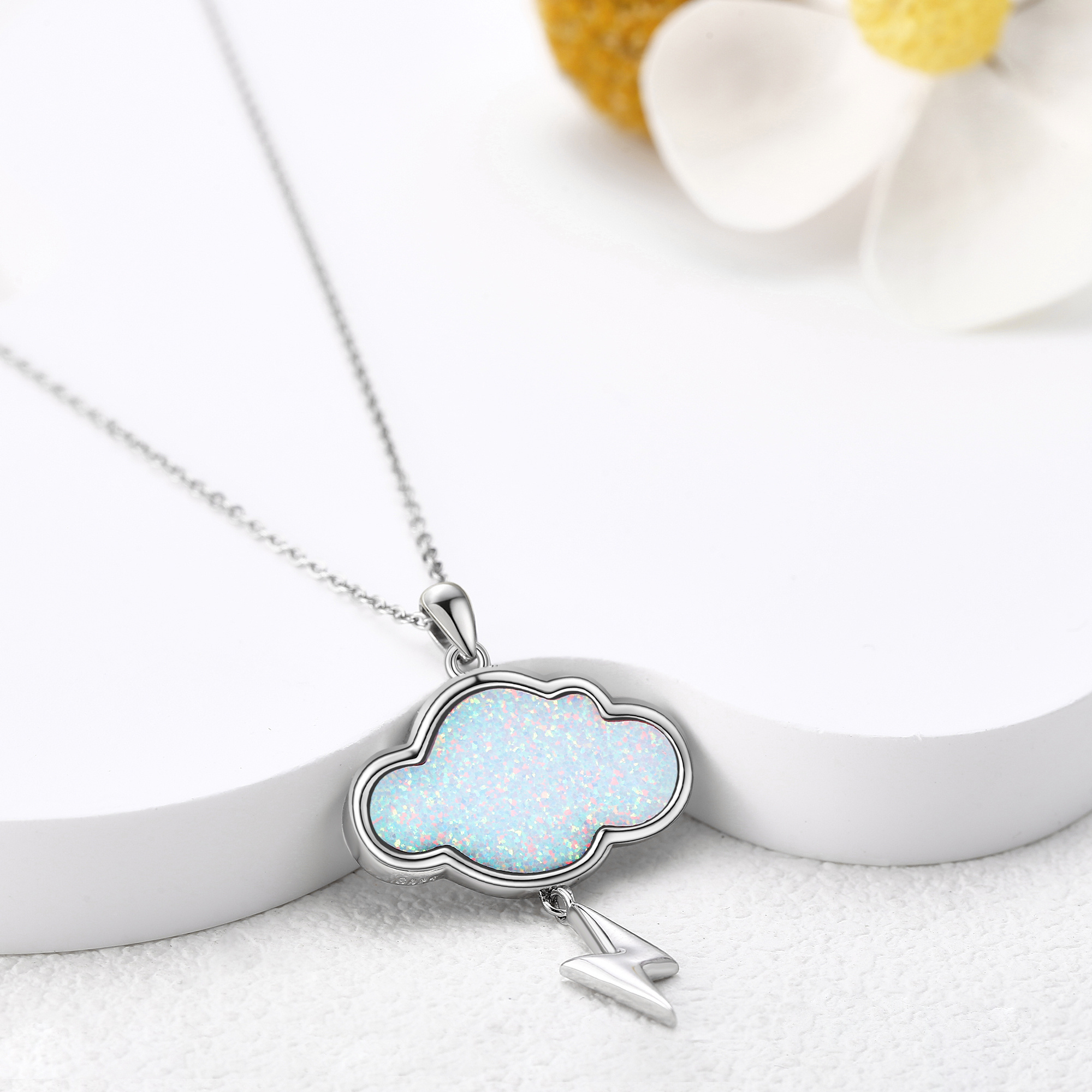 Unisex 925 Sterling Silver Synthetic Opal Cloud Necklace