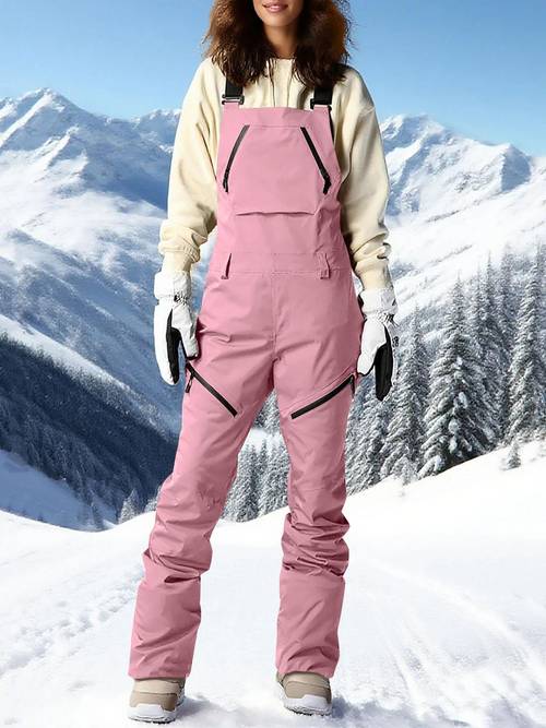 womens insulated ski bib overalls solid color non stretch fabric multiple pockets adjustable shoulder straps fall winter