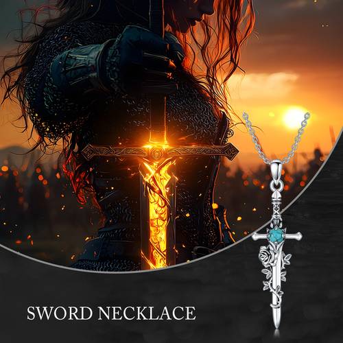 Sword Necklace 925 Sterling Silver Real Turquoise Gemstone Flower Sword Pendant Western Jewelry for Women, Pendant for Women, Women S Fashion Accessory, Gift for Her, Floral Pendant, Elegant Design, Handcrafted Pendant, Gemstone Pendant, Statement Necklace, Fashion Sword Charm