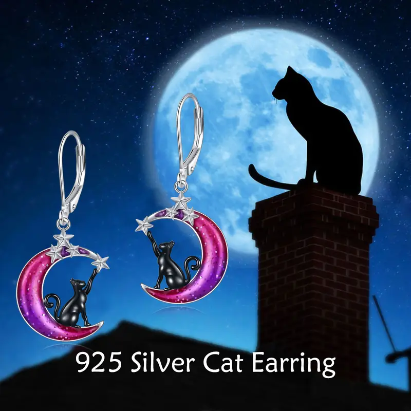 colorful moon cat earrings 925 sterling   cat moon leverback dangle earrings Product details 1