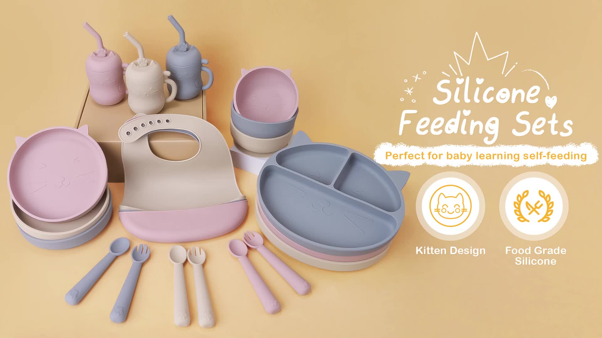 Baby Bowls With Suction Cat Design Silicone Feeding Set With - Temu