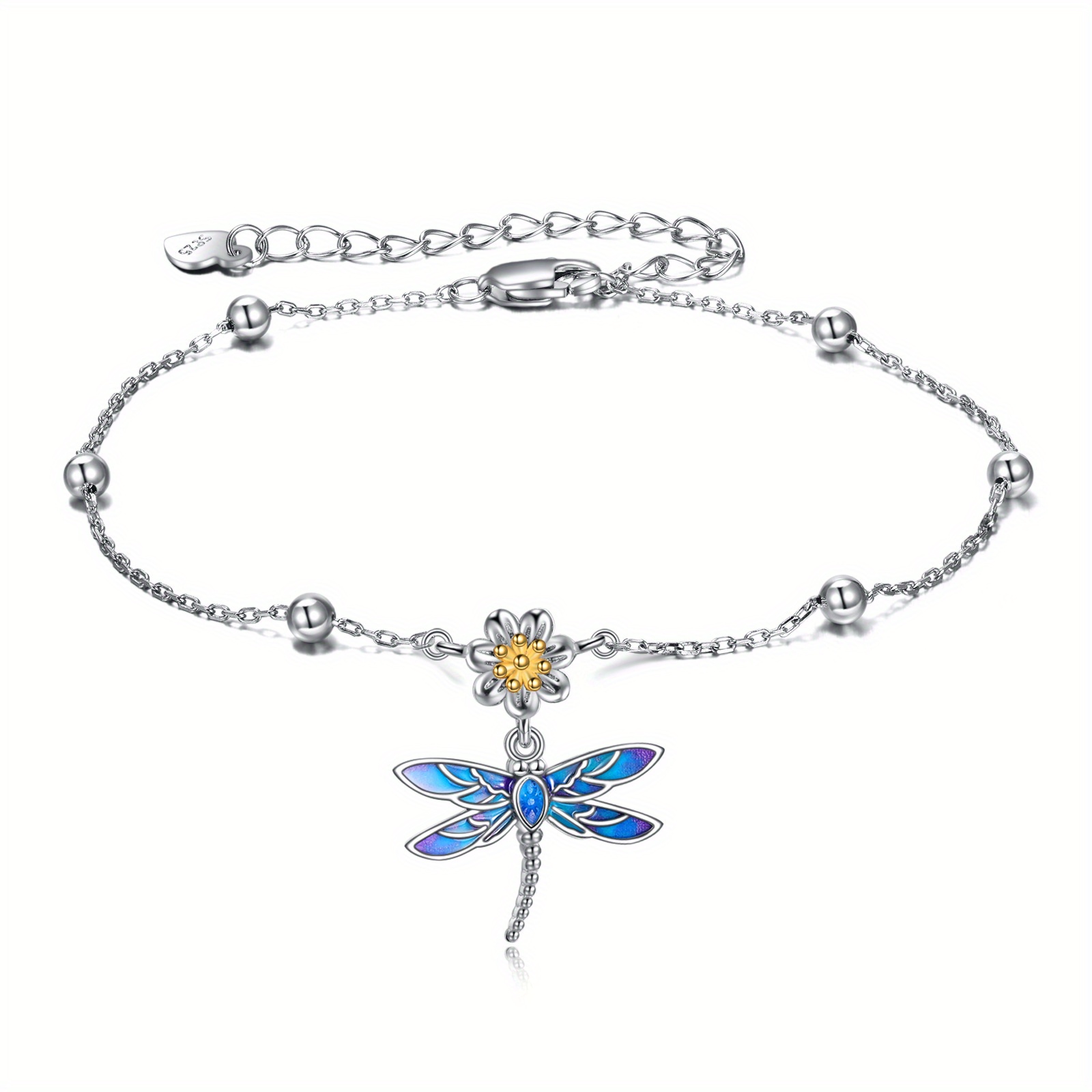 Sterling Silver Dragonfly Flower Anklet for Women