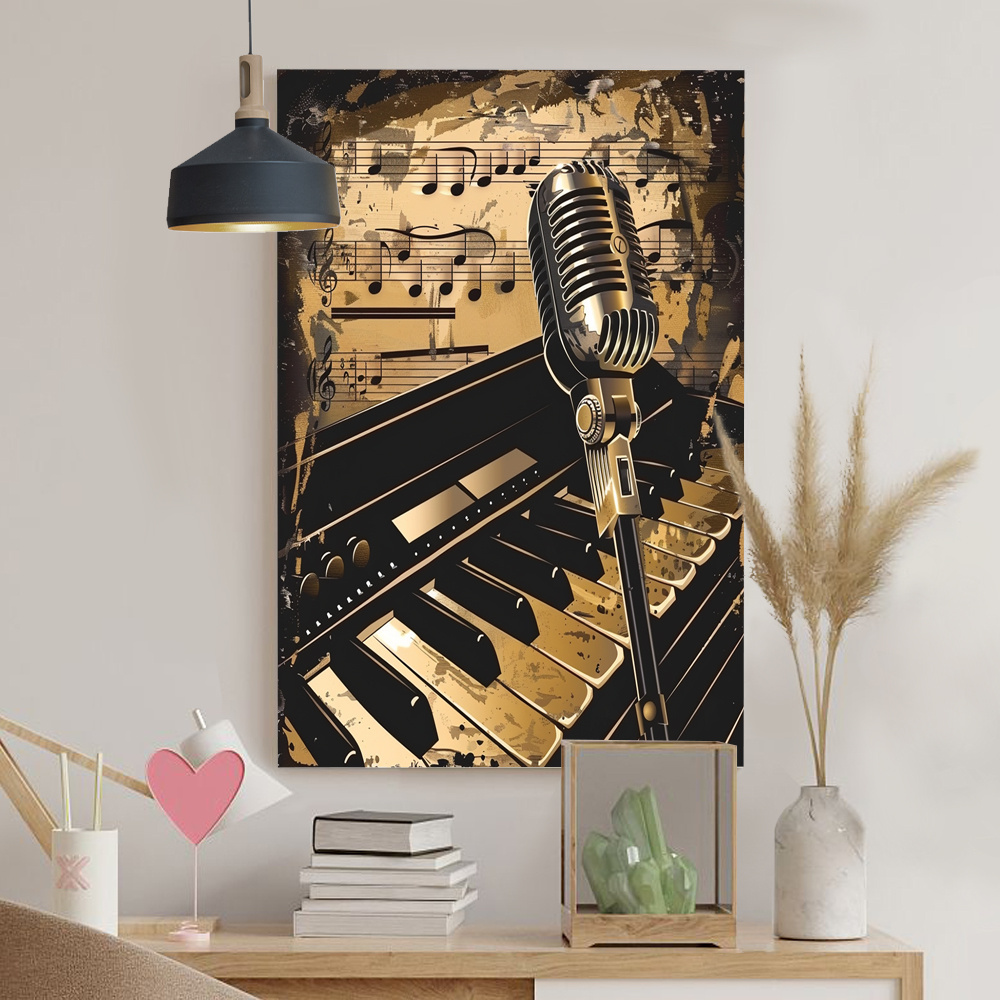 2d flat retro classic microphone wooden framed paintings art - Temu