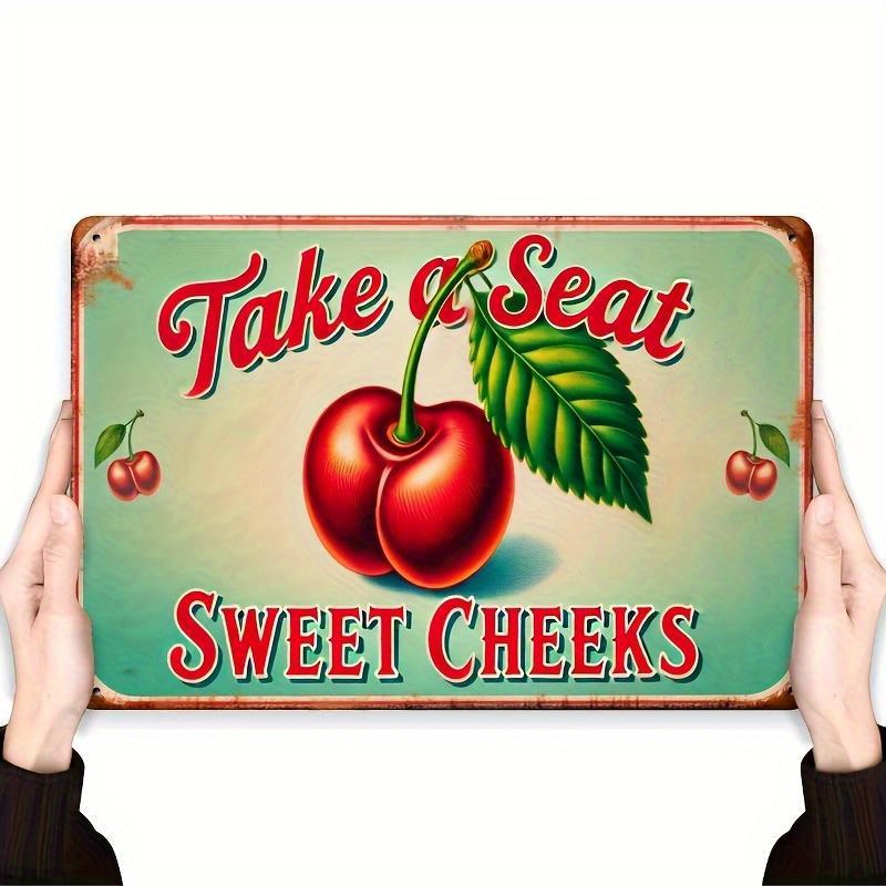 2d Flat, Retro 2d Flat Decorative Sign Metal Sign Green Leaves " Sweet Cheeks Cherry" Text For Kitchen, Dining Room & Cafe Wall Decoriron Wall Painting Home Simple Decorative Sign, 2d Flat