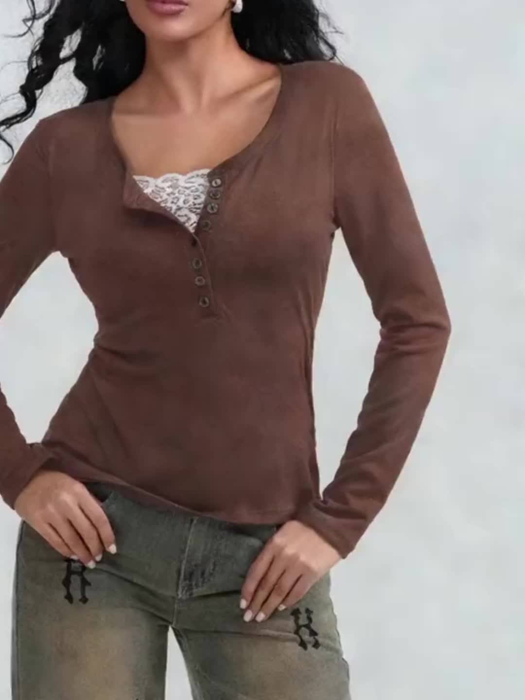 women y2k long sleeve tops vintage lace 1 2 button - Temu