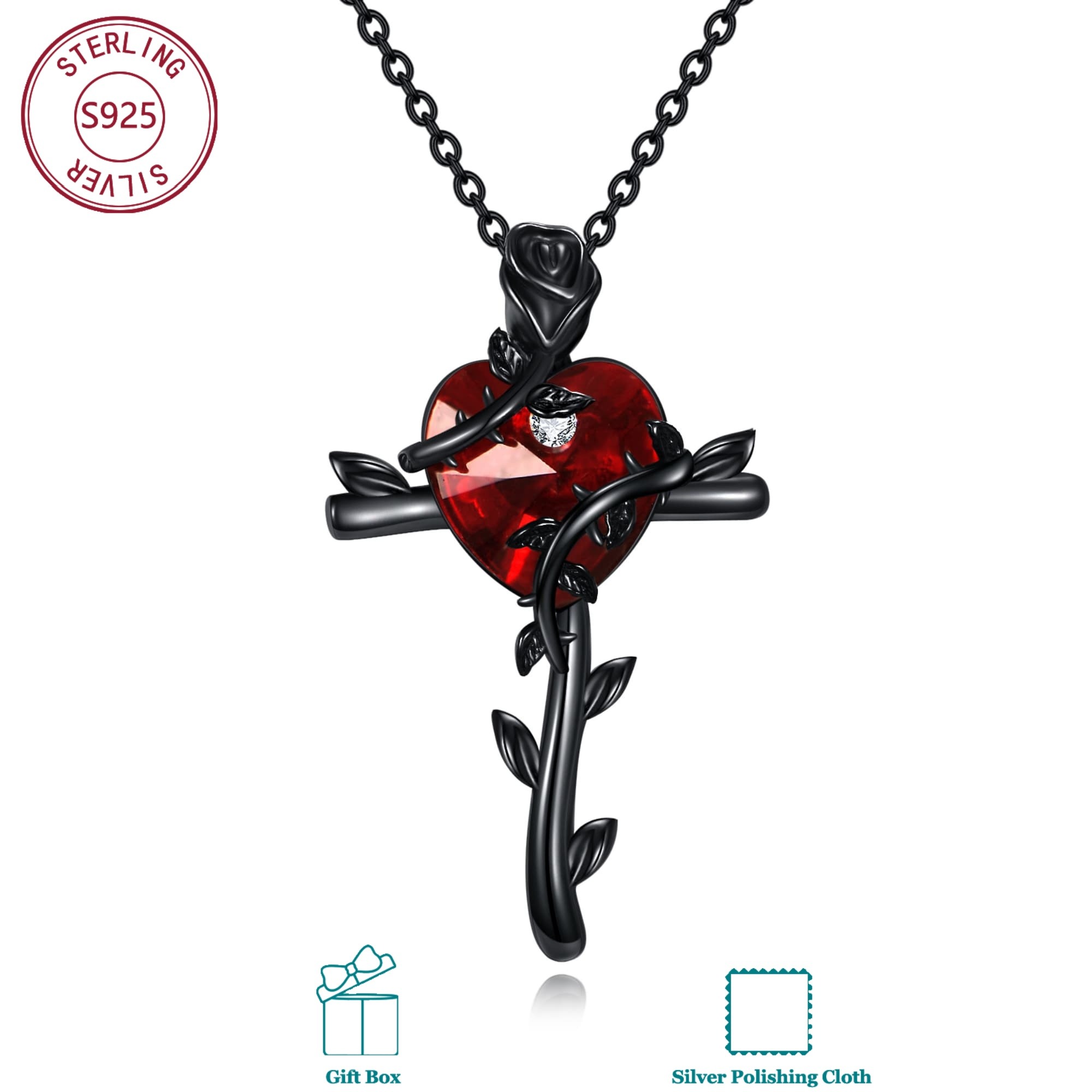 Image of 925 Sterling Heart Rose Cross Pendant Necklace | 18k Golden Plated With Synthetic Zirconia, Gothic Romantic Faith Theme, Luxurious Daily Wear For Women