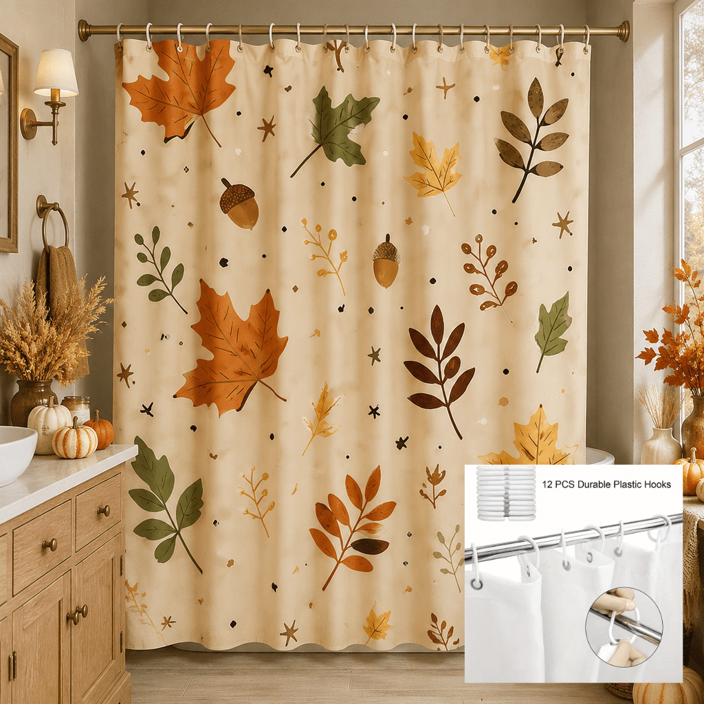TEMU Shower Curtain 71x71 Inches Farmhouse Fall Leaf Botanical Print For Bathroom Decor Includes 12 Hooks Neutral Beige Design