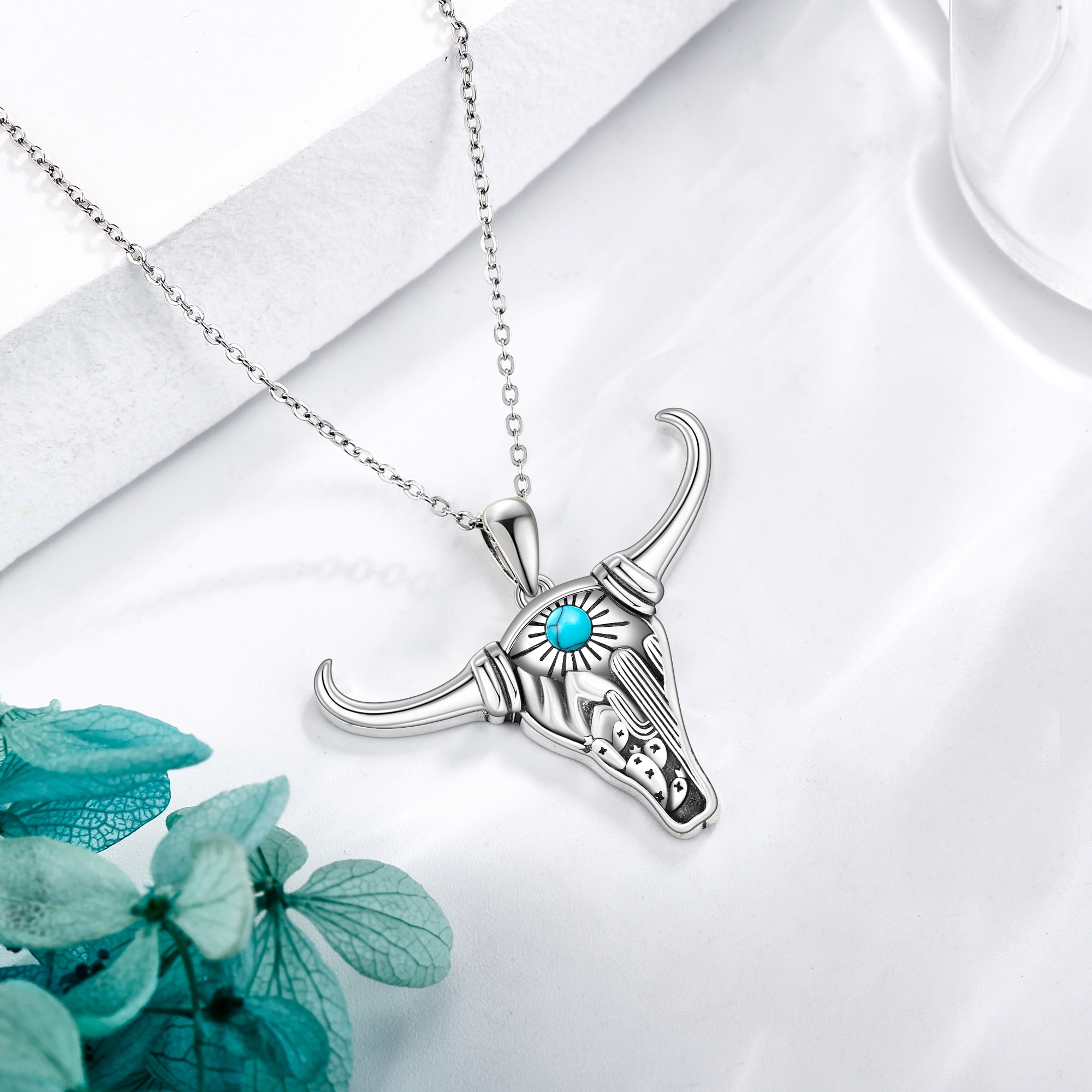 925 Sterling Silver Bull Necklace with Synthetic Turquoise, Unisex Gift