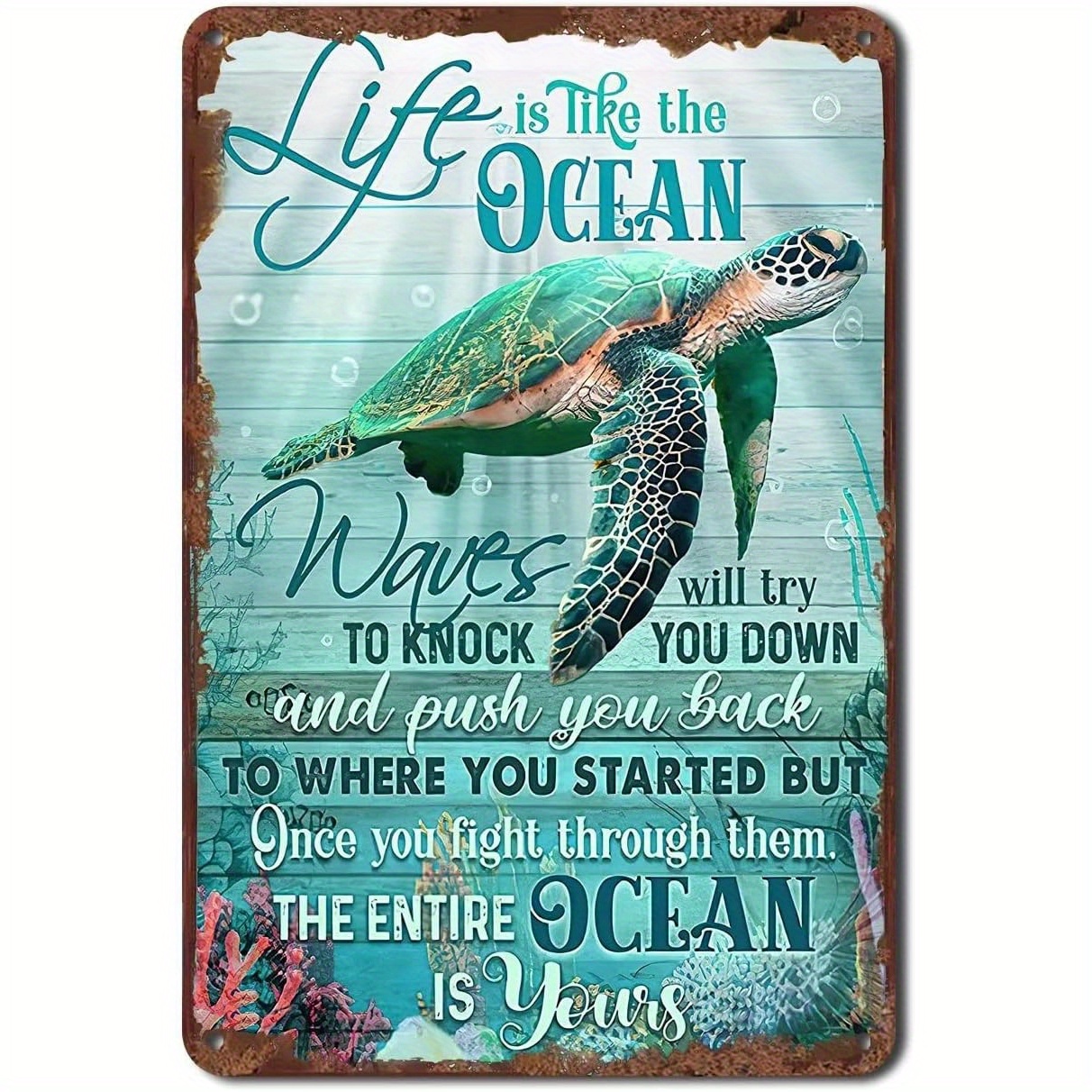 TEMU 2d Flat, 1pc Sea Turtle Ocean Waves Metal Wall Plaque With "life" Text - Nautical Themed Iron Hanging Sign For House, Decor, Retro Underwater