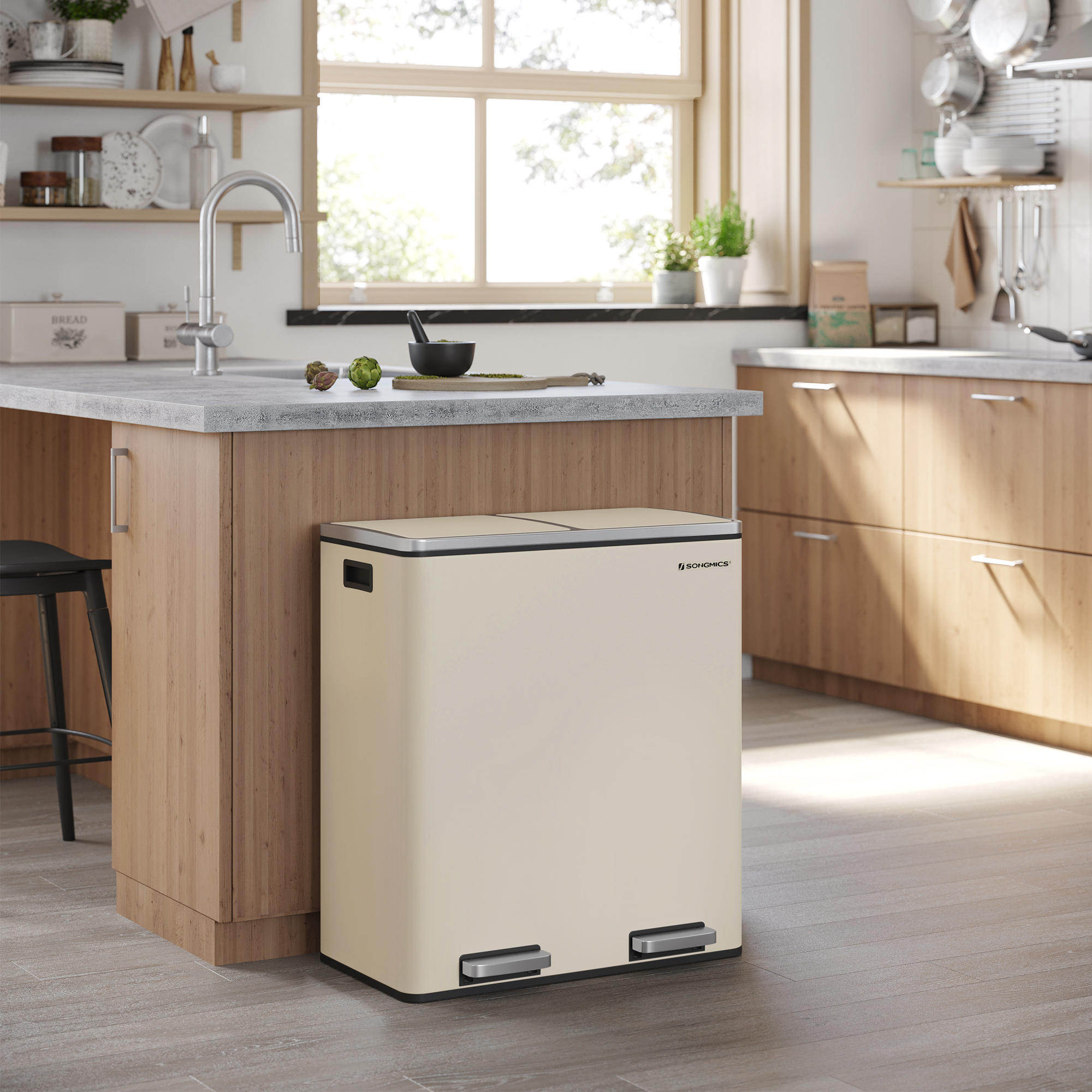 Image of Two-section 30-liter Trash Can Featuring Metal Foot Pedals, 15 Internal Plastic Buckets With Lids And Handles, Designed For A Soft Close And Airtight Sealing