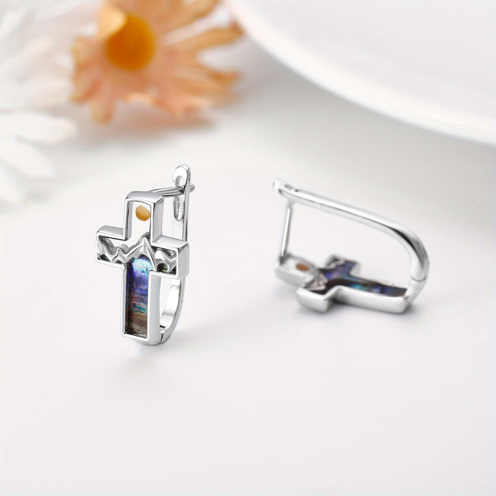 925 sterling silvery cross earrings with   agate shell   synthetic stone 925 silver post ideal for daily wear gift   everyday earrings minimalist earrings synthetic stone earrings Product details 4