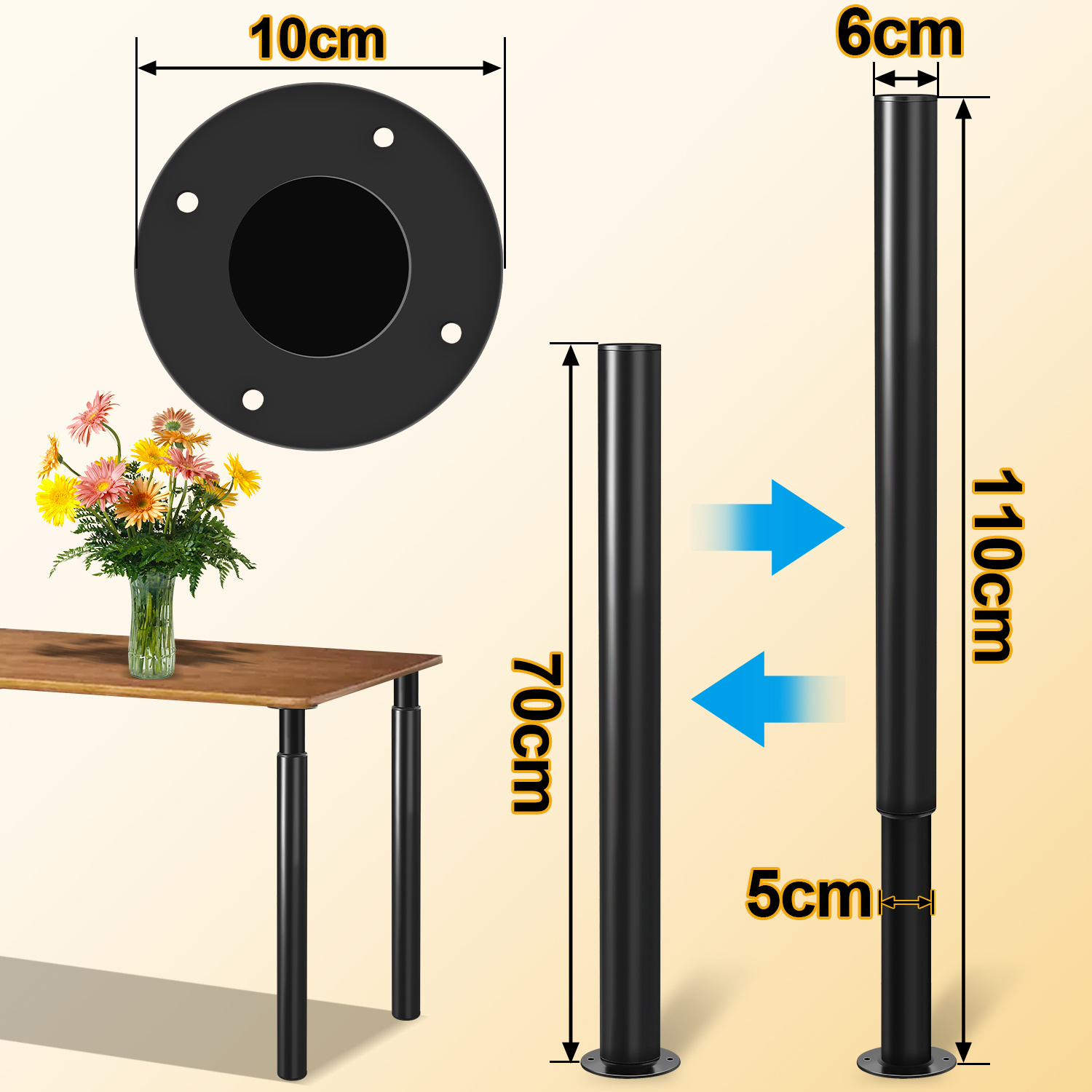 Set Of 4 Adjustable Metal Table Legs (70-110 Cm), Steel Furniture Legs, Weight Capacity 200 Kg, Includes 16 Screws, Suitable For Furniture, Sofa Beds, Nightstands, And Wardrobes