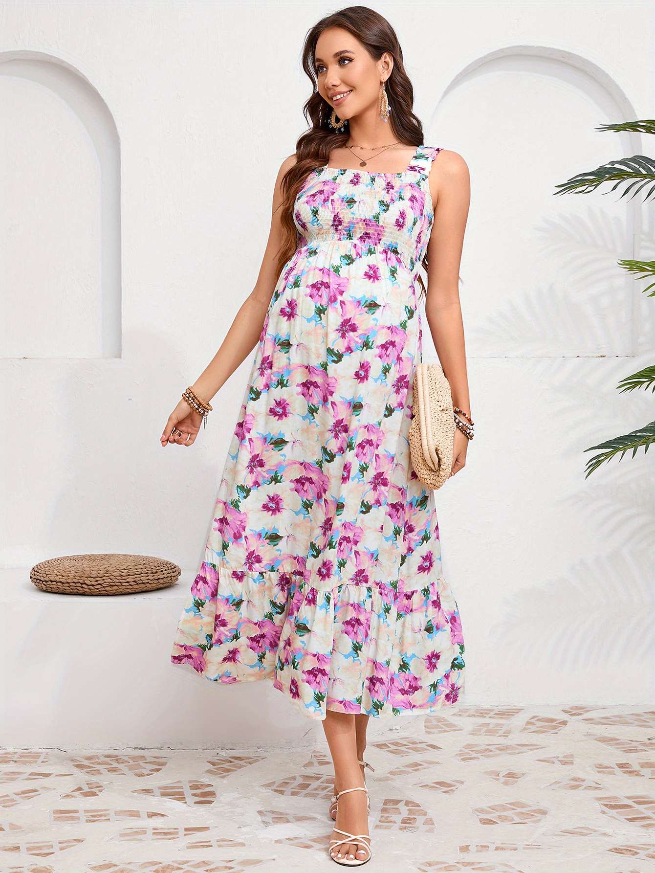 womens maternity dress elastic strap square neck floral - Temu