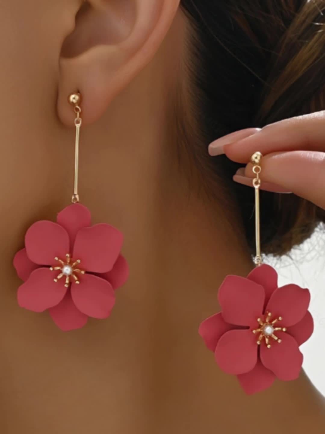 Bohemian Style Pink Flower Dangle Earrings