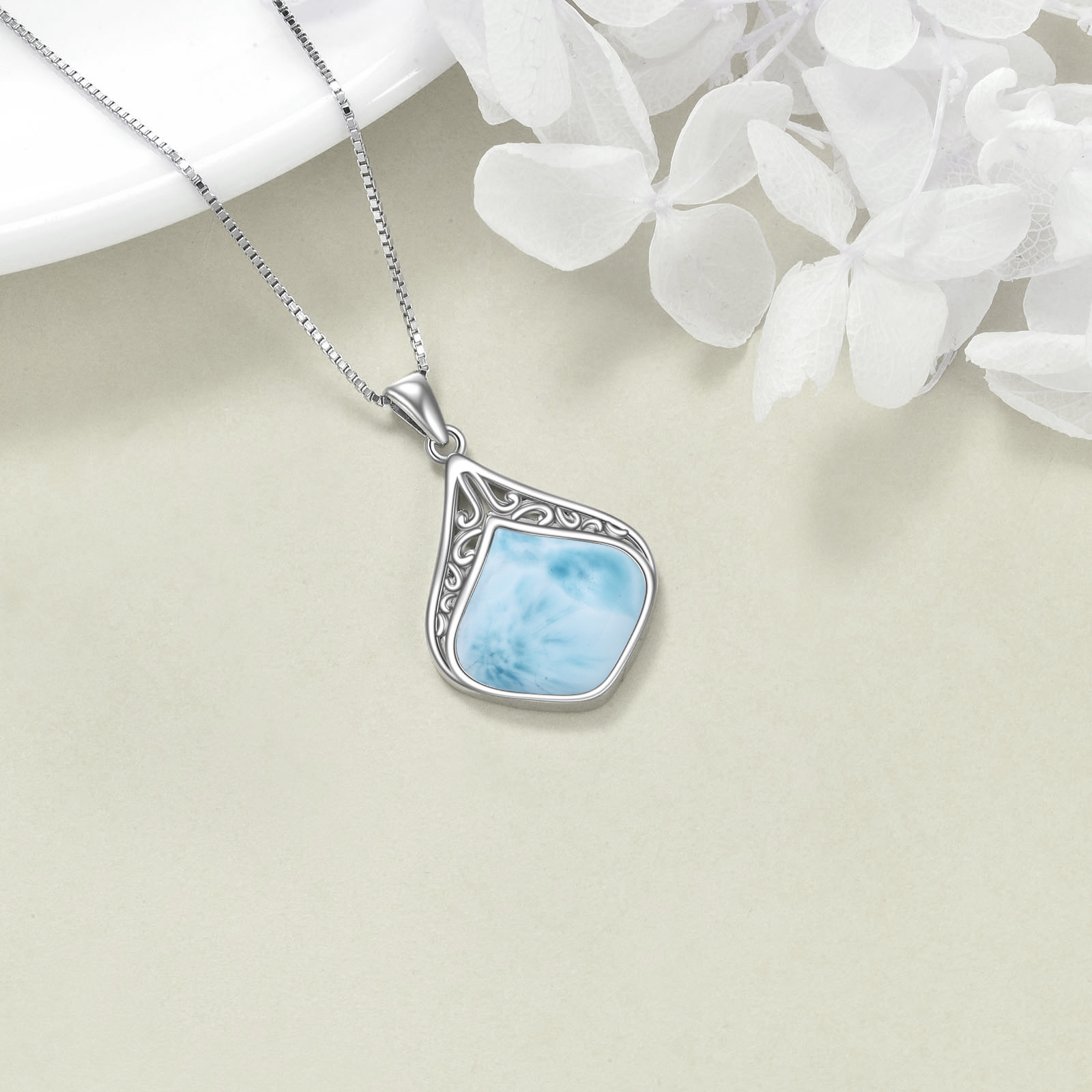 Women's Sterling Silver Larimar Filigree Teardrop Pendant Necklace