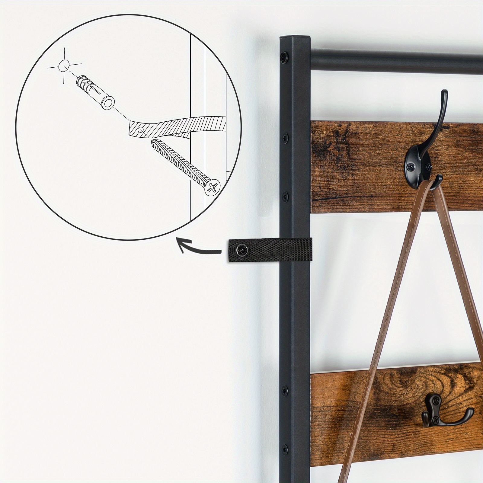 Rustic Brown & Black Free-Standing Coat Rack with 9 Hooks