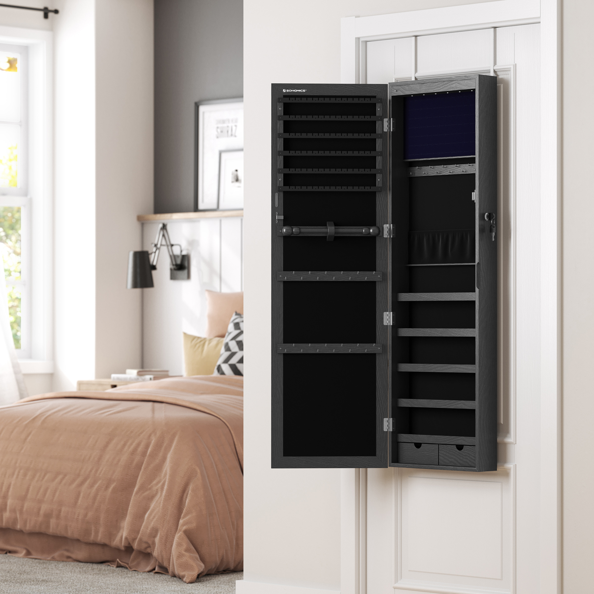 TEMU Meuble à bijoux avec 6 LED, 120 cm de hauteur, verrouillable, à fixer au mur ou , organisateur de bijouterie, armoires à bijoux