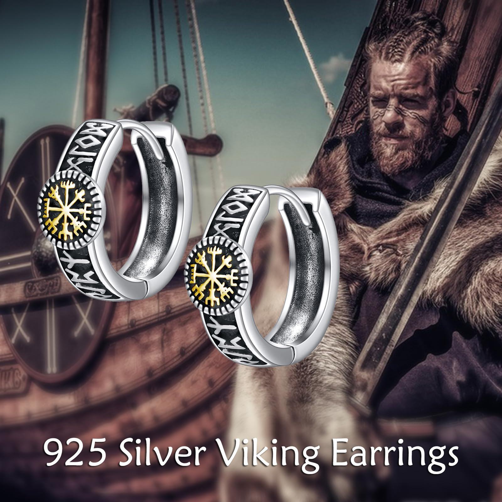 viking hoop earrings for men 925 sterling silver viking runes earrings for women viking jewelry 15mm huggie black hoops Product details 0