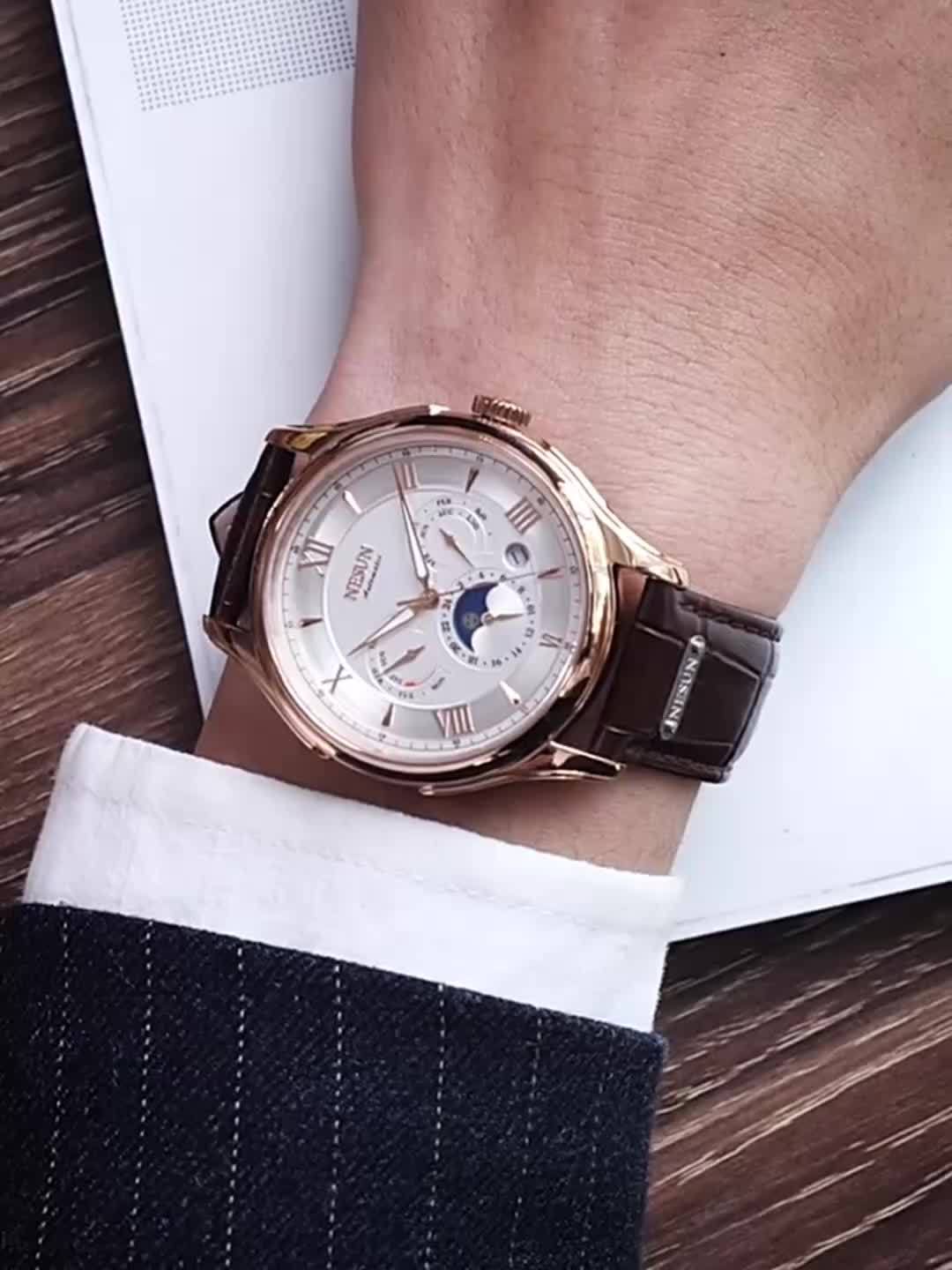 Men's Multifunctional Stainless Steel Mechanical Watch with Leather Strap