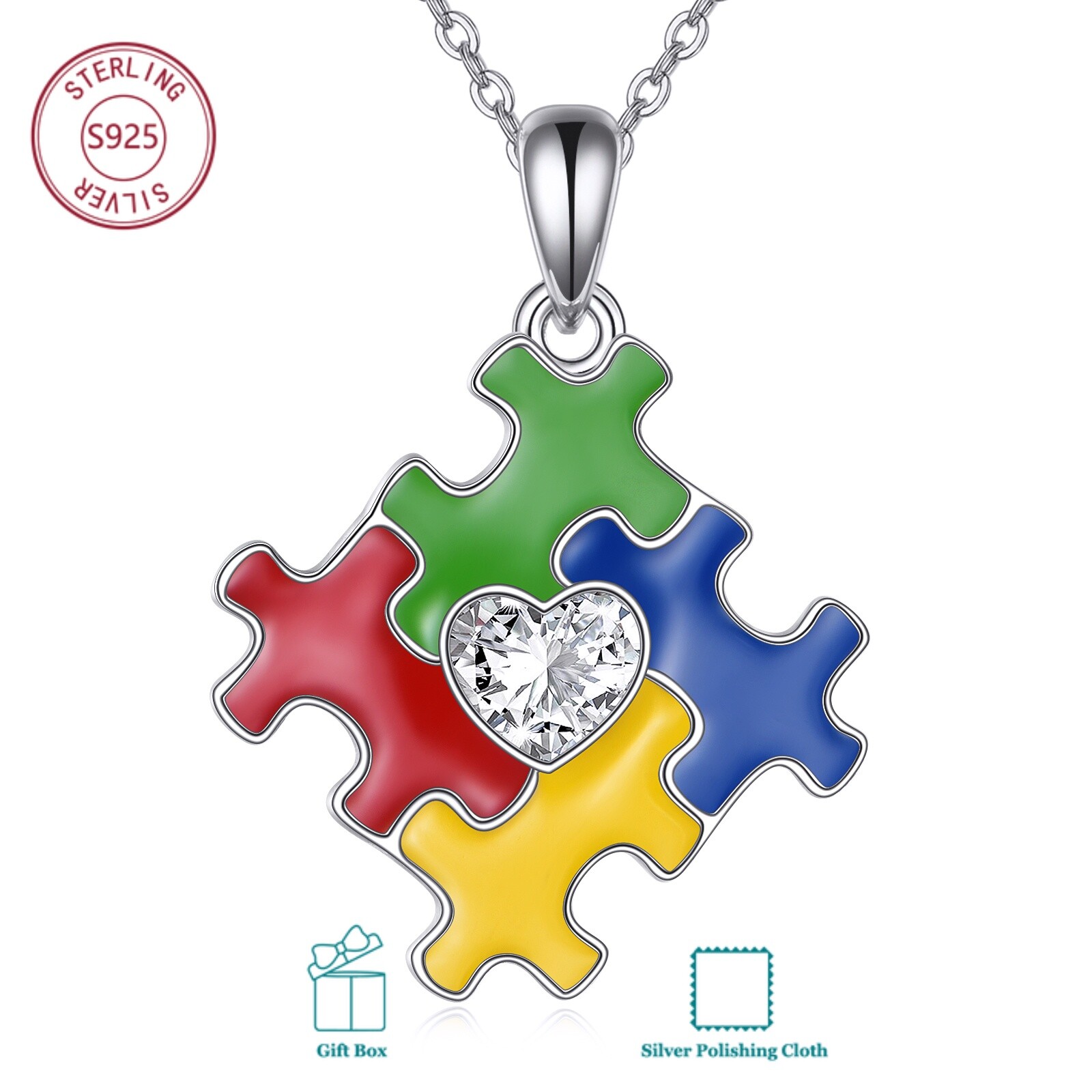 Image of 925 Sterling Silver Autism Awareness Necklace With Synthetic Zirconia | Skin-friendly & Anti-allergic, Perfect For Daily Wear, Elegant & Style, Ideal For Gift-