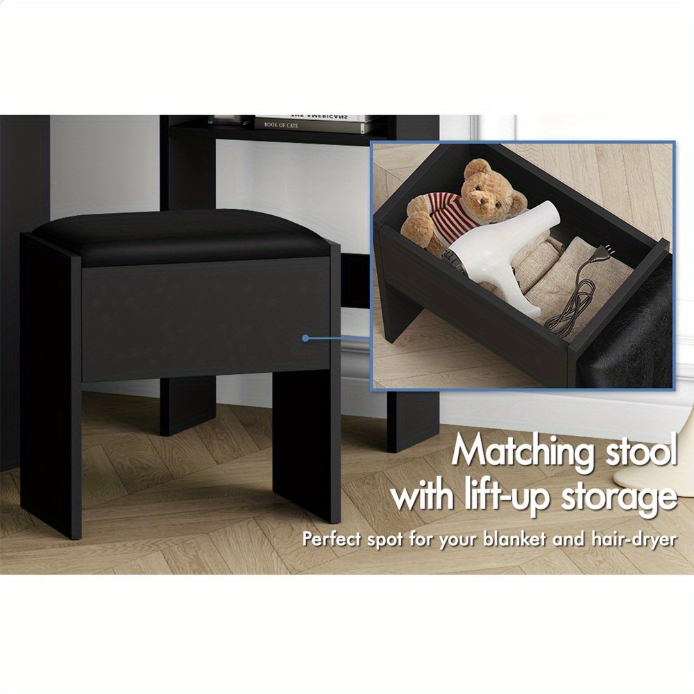 modern vanity desk set with tri fold   adjustable height stool hardwood construction   storage Product details 6