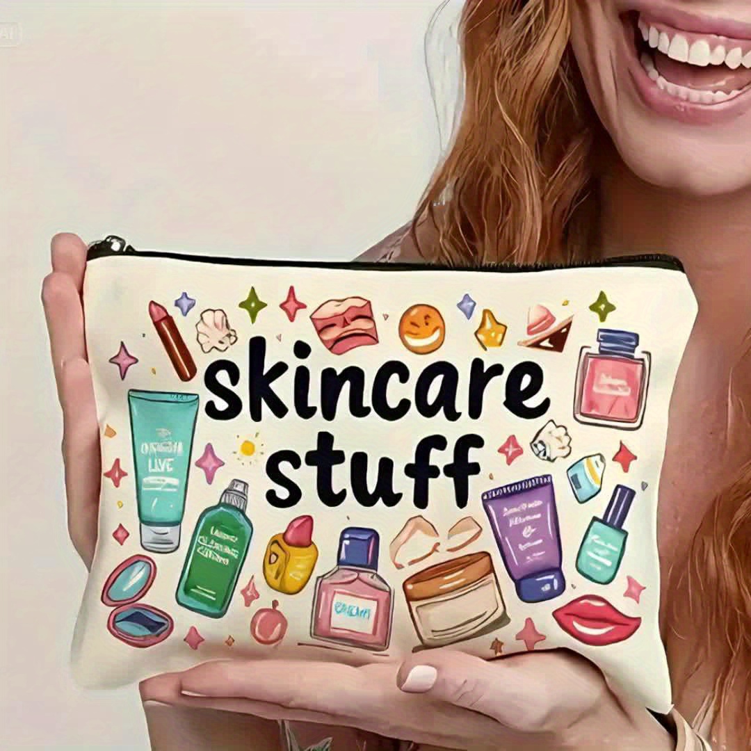TEMU 1pc Skincare Makeup Bag - Durable Zipper Closure, Fun Cosmetic Organizer With Colorful Skincare Icons, Lightweight Foldable Travel Toiletry