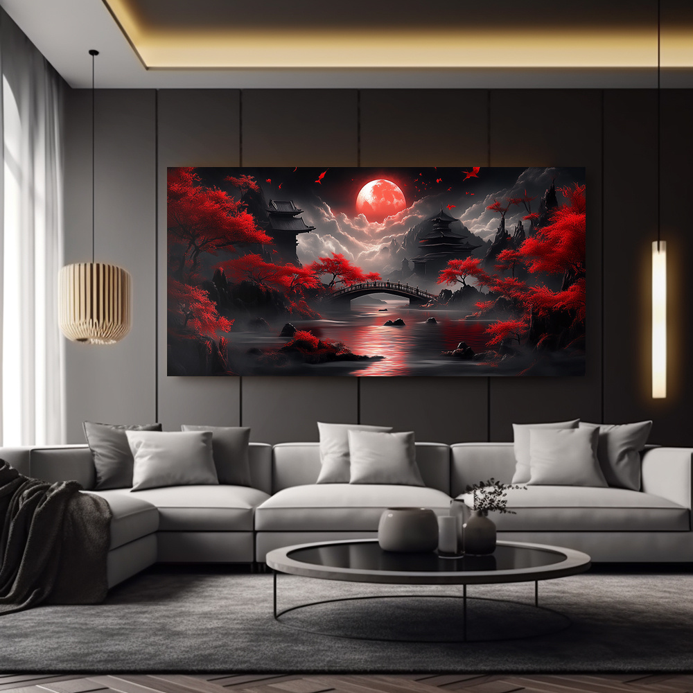 2D Flat, 2D Flat, Framed Canvas Artwork Featuring a Red Moon And Pagoda, 1.5-Inch Frame, Ideal for Decorating Bathrooms, Living Rooms, Kitchens, Bedrooms, And Offices with High-Quality Modern Prints
