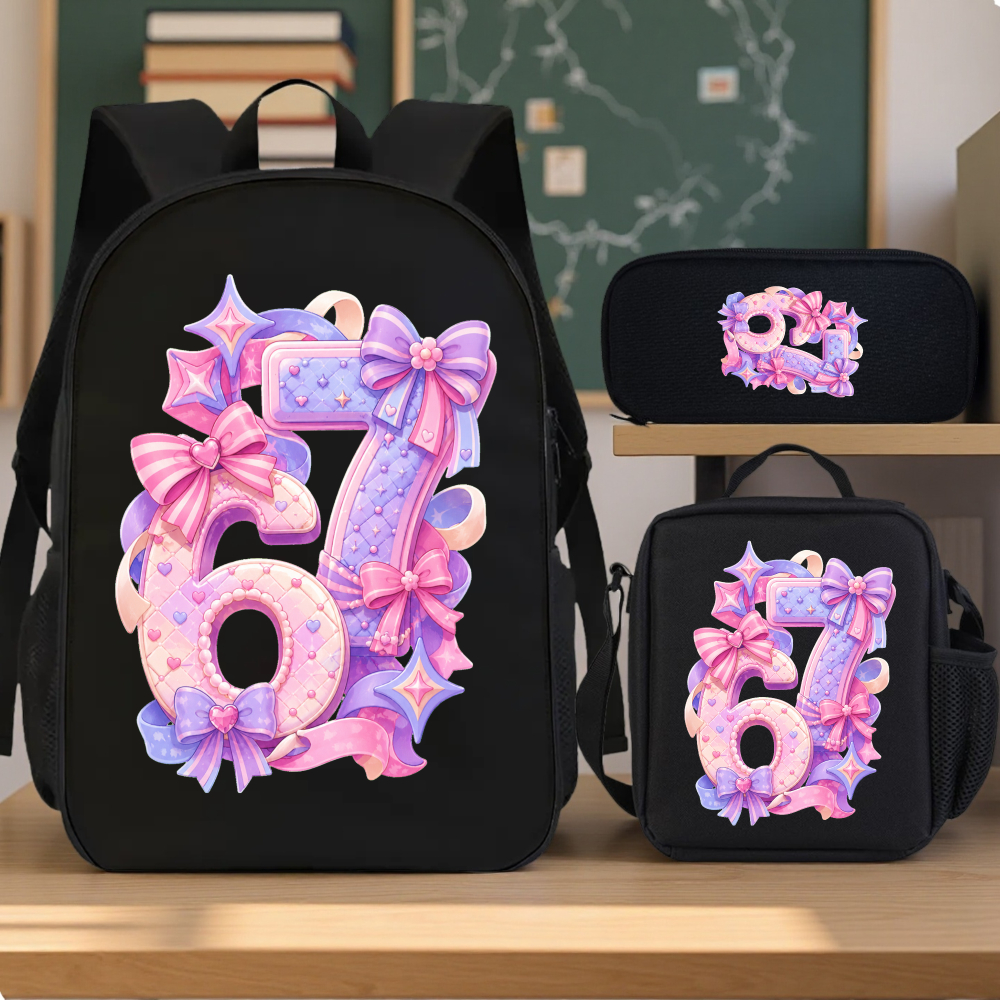 3pcss 2d Flat Printing Number 67 Heart Three-piece Schoolbag Set 3pcs Schoolbag Design Multicolor Casual Party Travel Birthday Perfect Gift For , For Teenager
