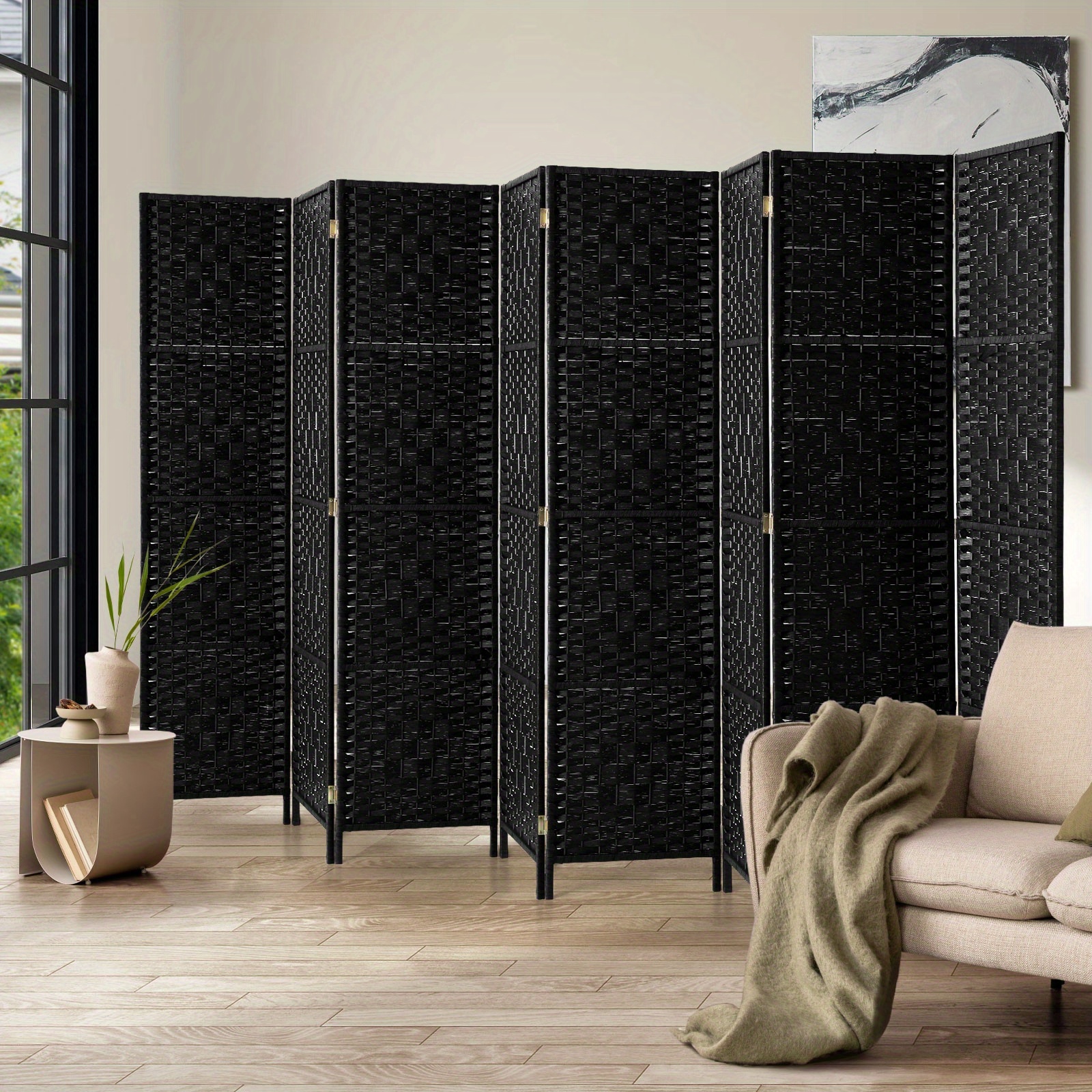TEMU 8-panel Room Divider Screen Privacy Dividers - Heavy-duty Hardwood Folding Partition With Black Woven Panels, Classic Elegant Design For Home