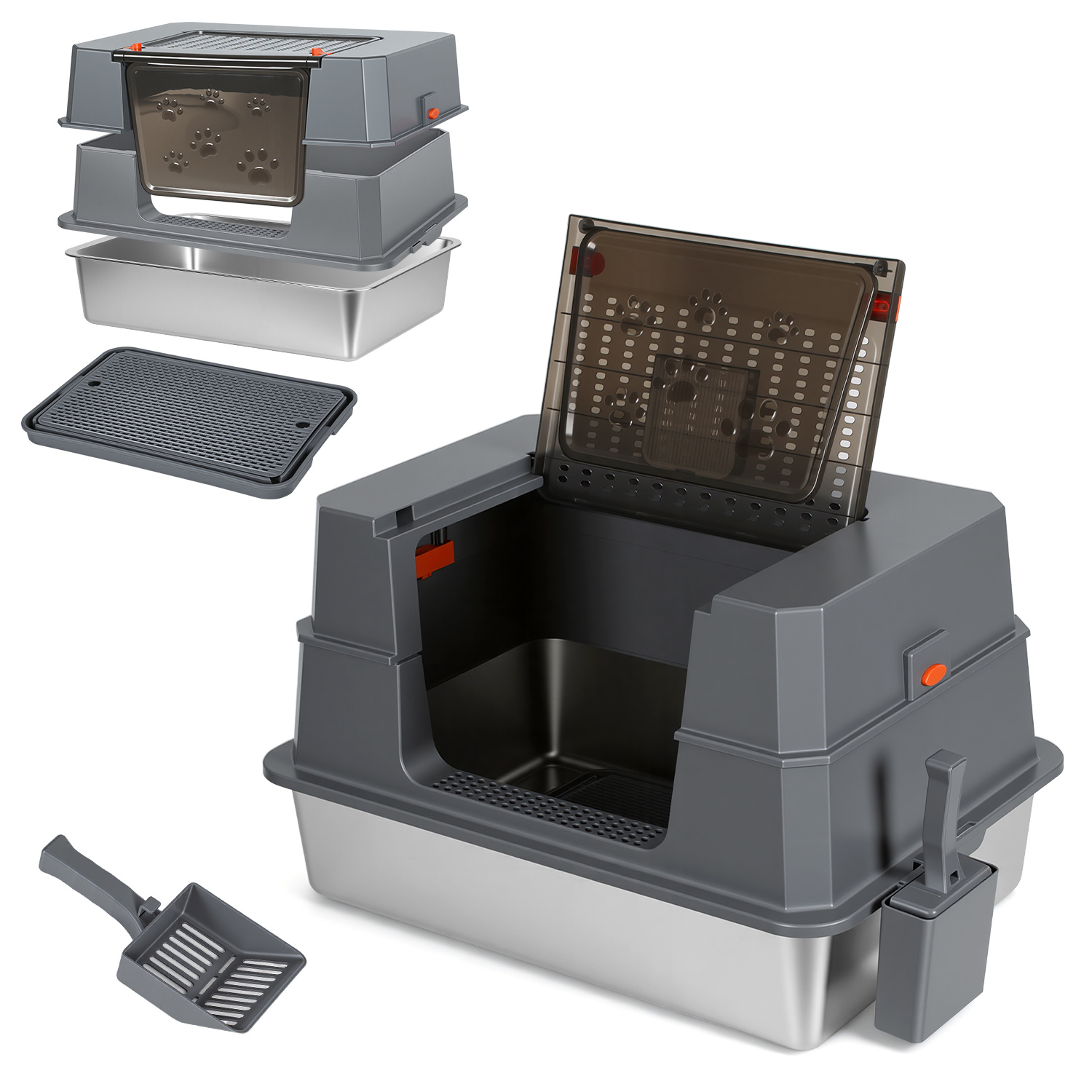 Image of Xxxl Cat Litter Box With Lid - Spacious Cat Toilet For Large Cats And Multi-cat Households, Used Closed, Half- Open, Including Step, Mat And Scoop