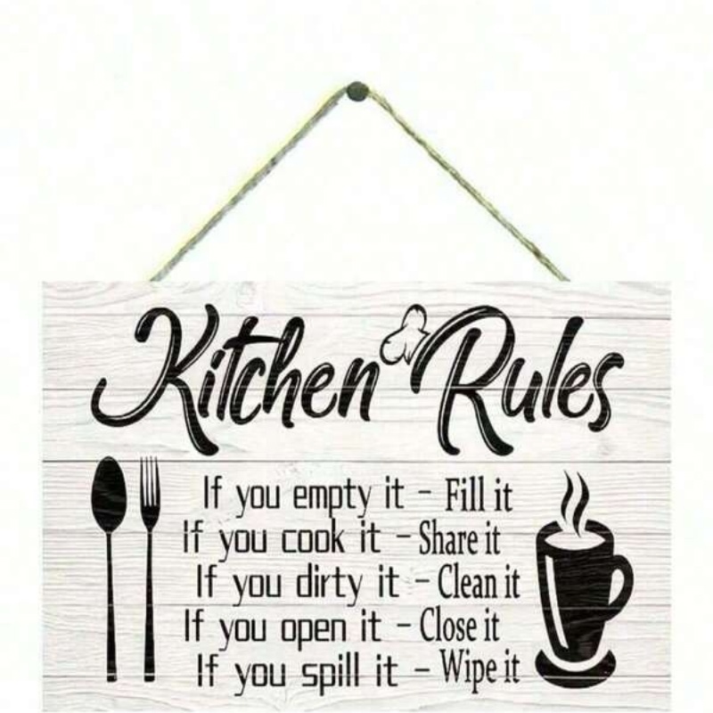 TEMU 2d Flat - 2pcs Kitchen Rules Wooden Plaques | With Text "kitchen Rules" And Related Kitchen Icons, 2d Flat - Easy Mounting, Durable Flat Pattern