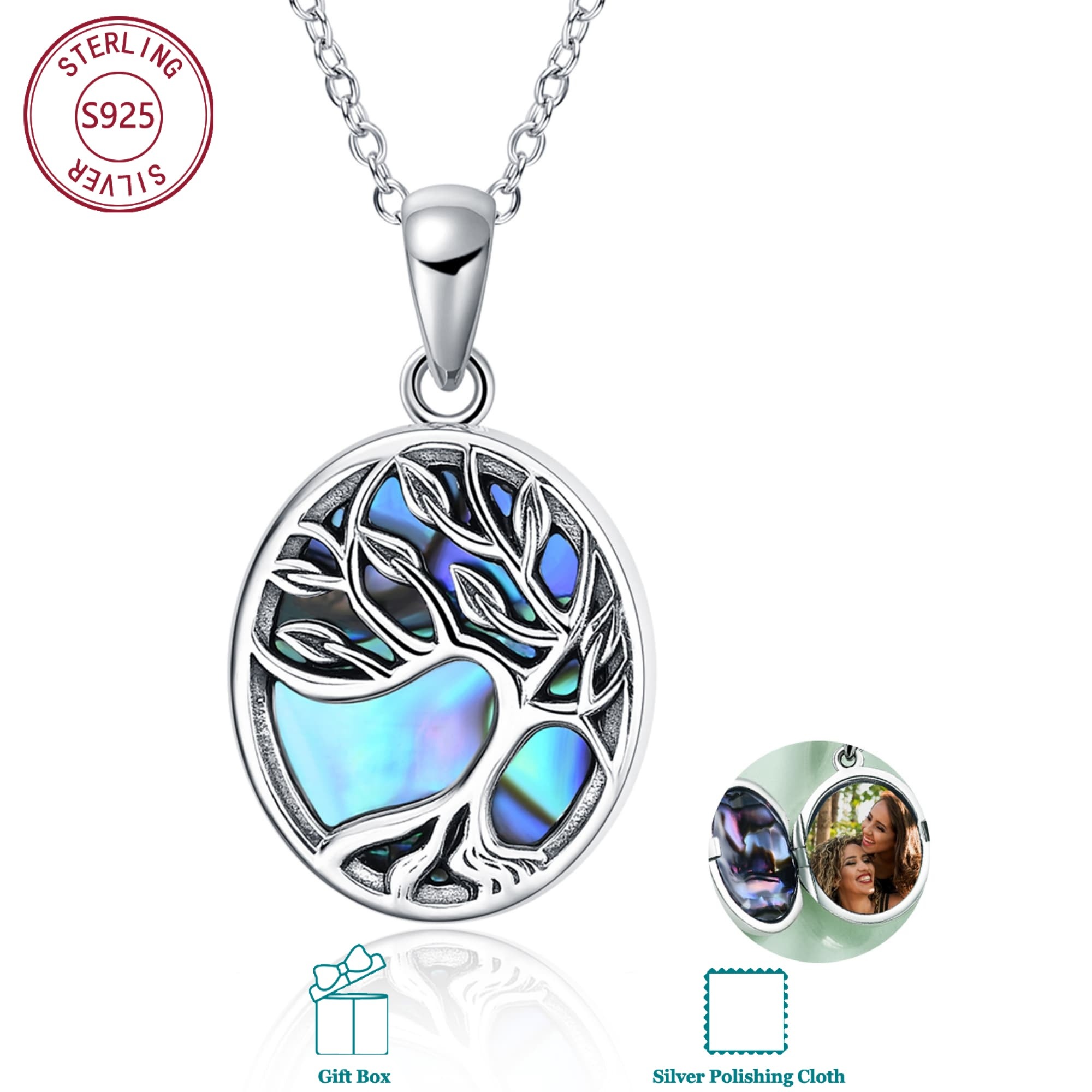 925 Sterling Silvery Tree Of Life Photo Locket Necklace With Abalone Shell, Unisex Daily Wear, Birthday & Valentine's Day Gift, Meaningful Present For , Exquisite