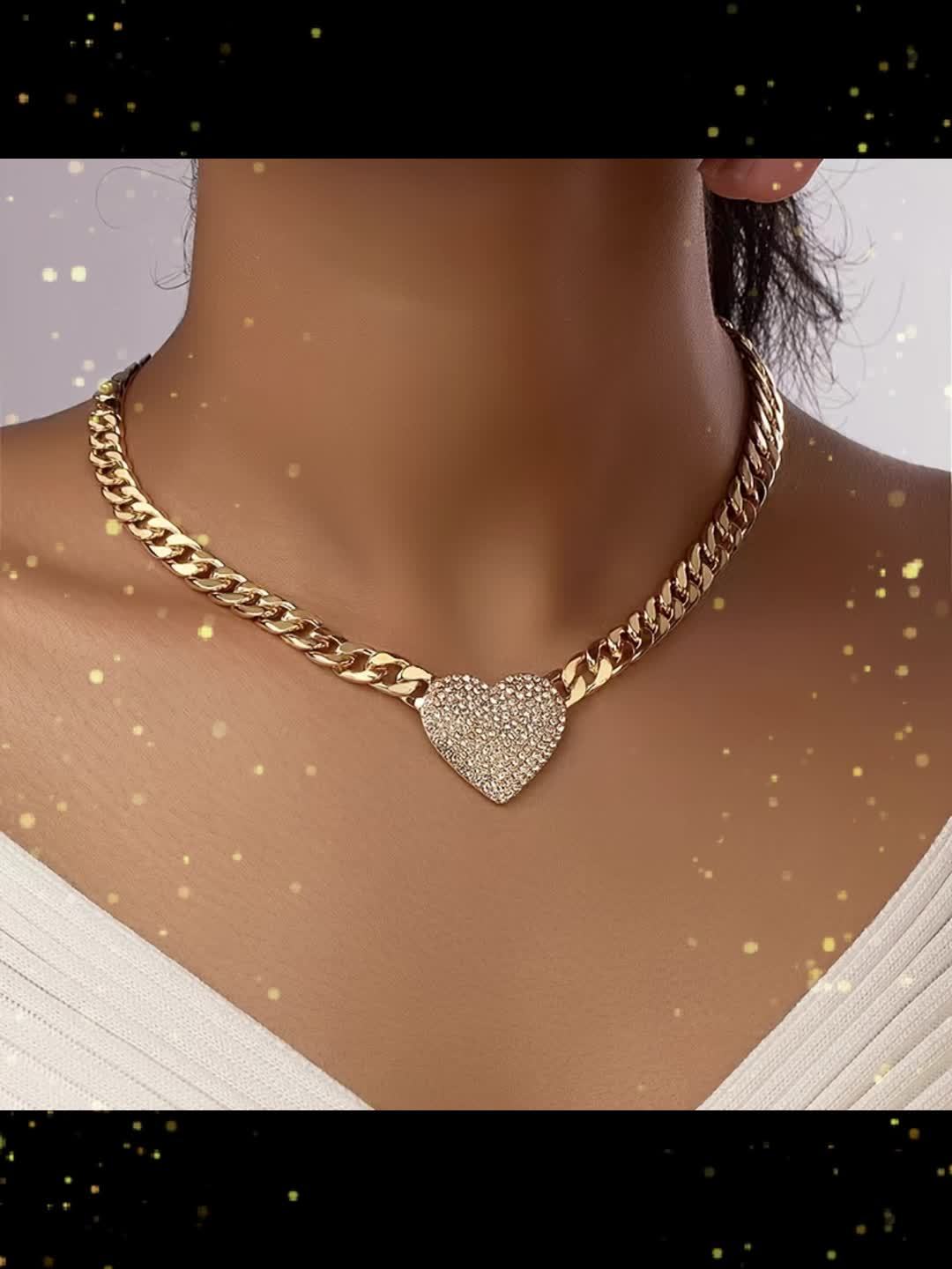 Heart Pendant Necklace with Rhinestones Chain for Women