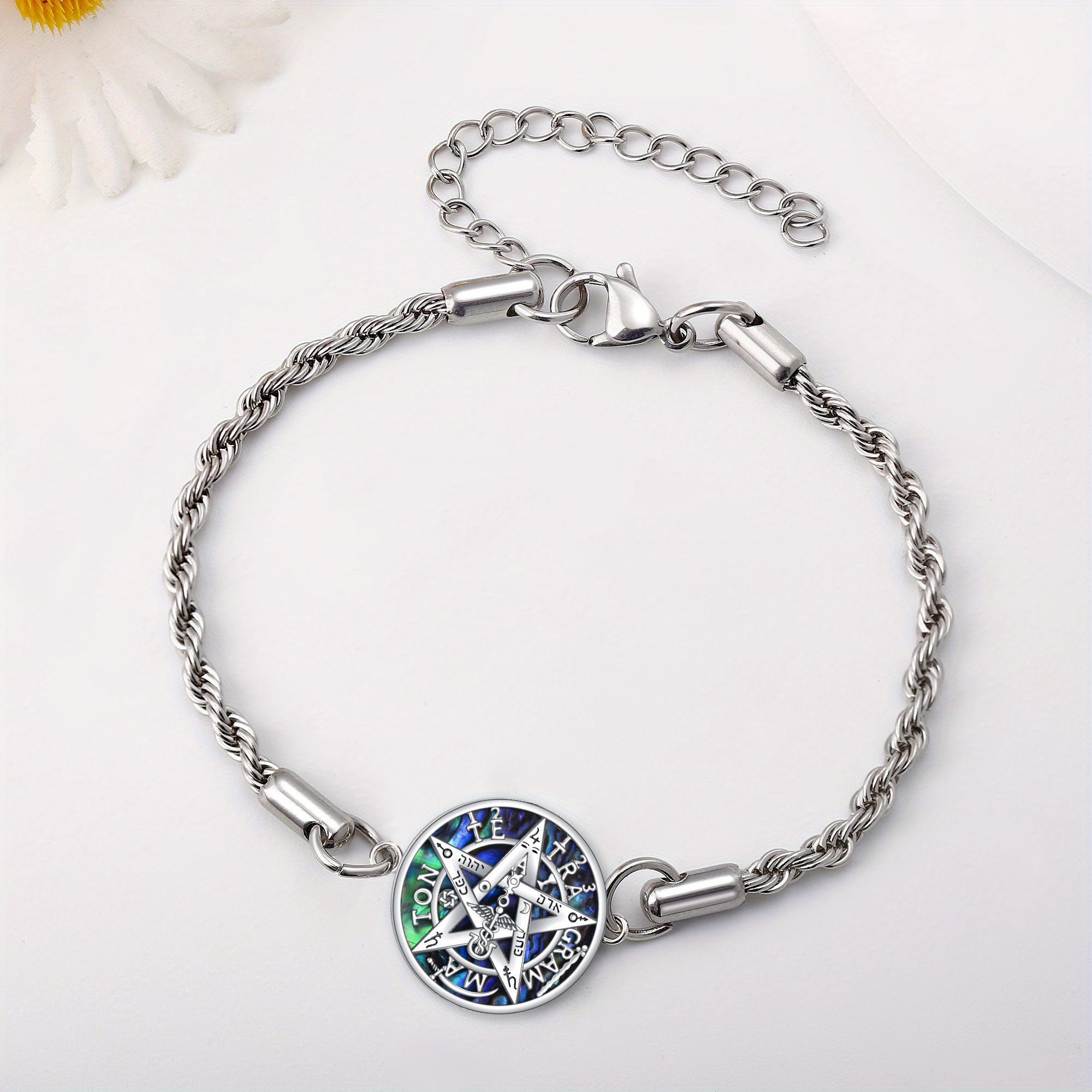 Sterling Silver Pentagram Abalone Shell Bar Bracelet