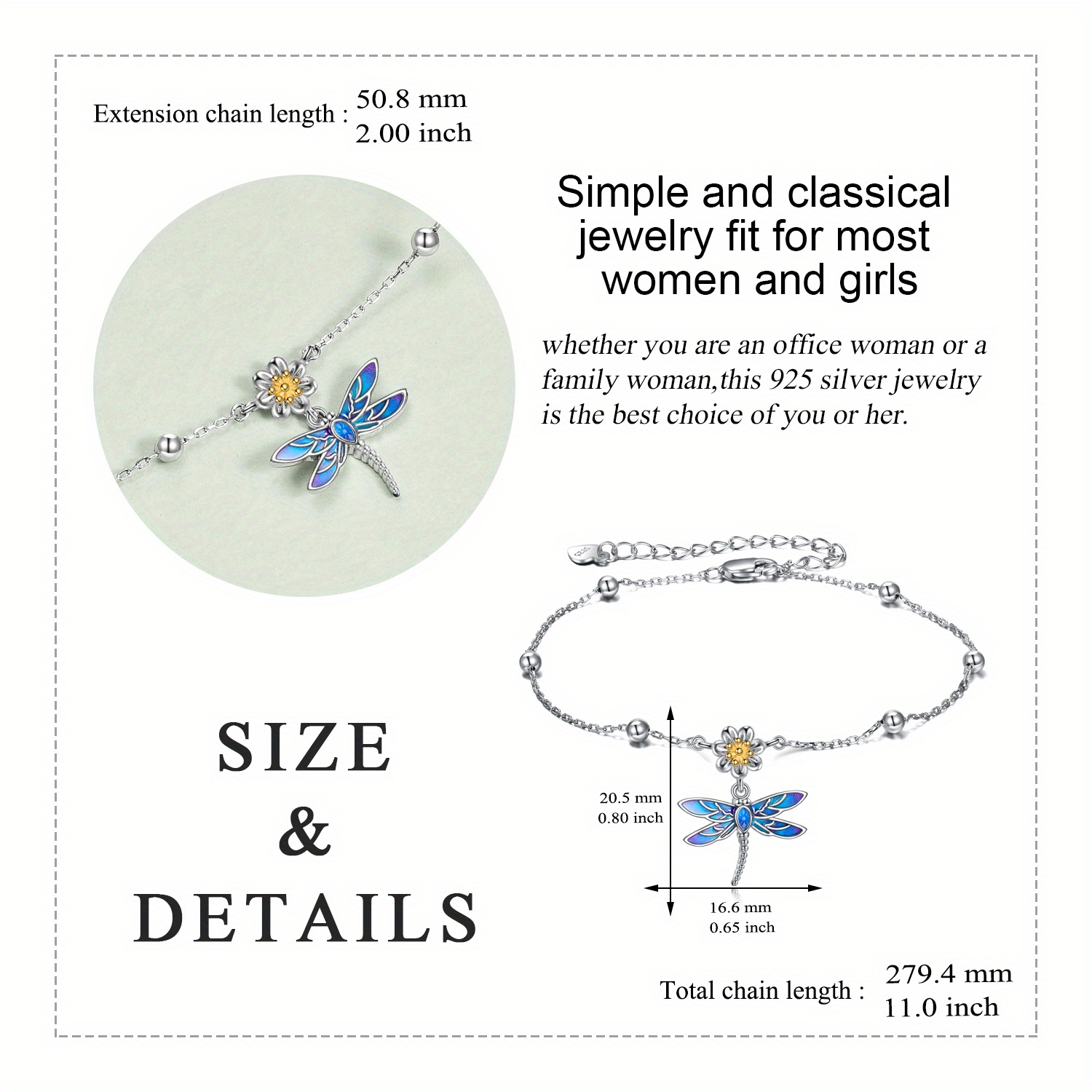 Sterling Silver Dragonfly Flower Anklet for Women