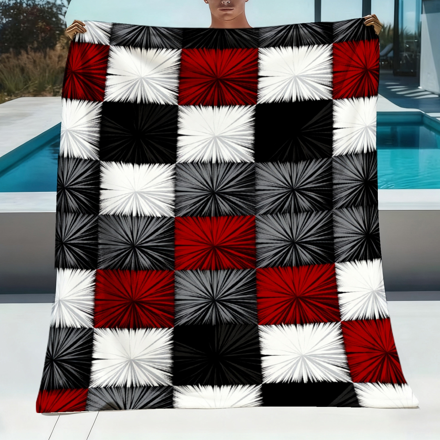 TEMU Oocar 1pc Extra Large Faux Fur Throw Blanket, Red Black White Gray Checkered Print, Soft Warm Winter Cozy Throw, Decor For Sofa Living Room,