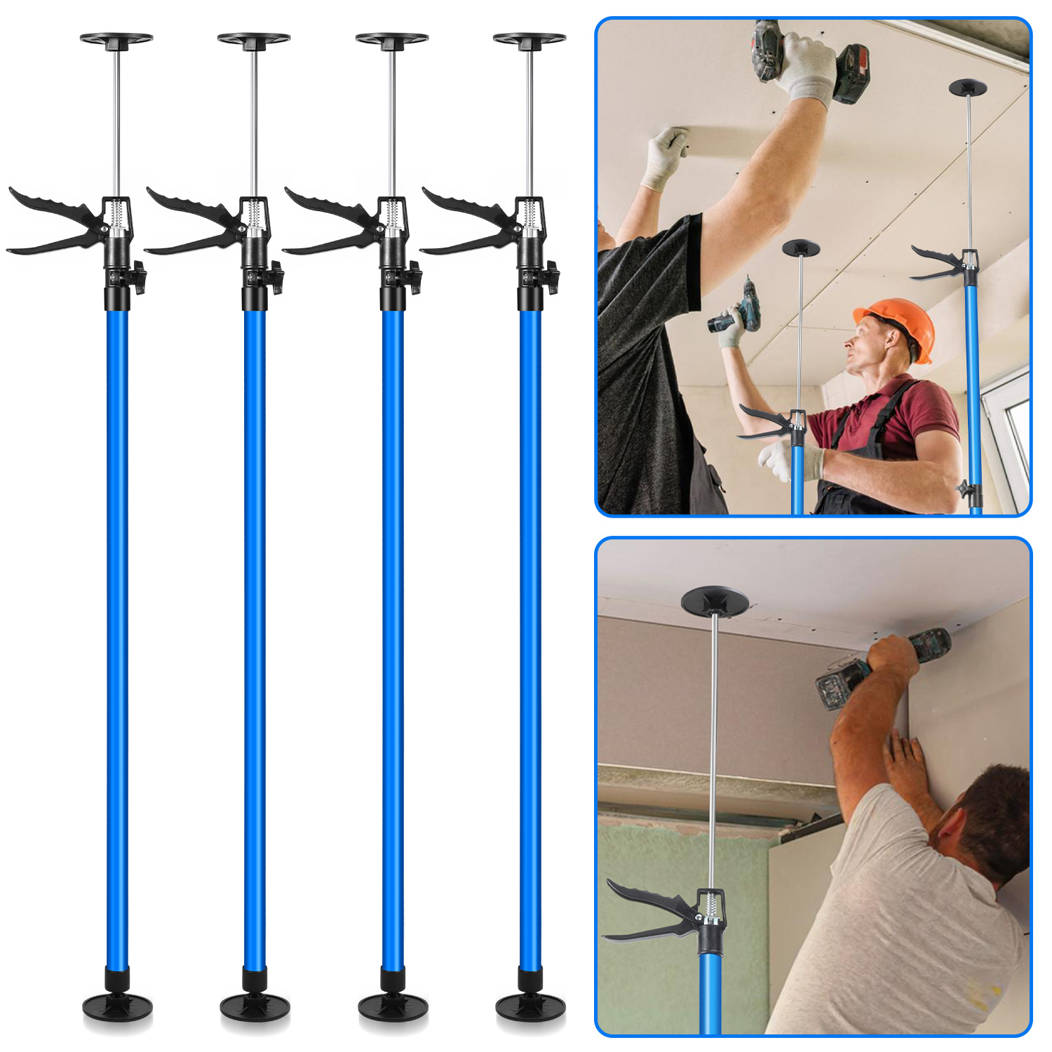 4-pack Professional Heavy Duty Telescopic Support Poles, 115-290cm Adjustable Steel Third Hand, 110lbs Each, For Drywall And Cabinet Installation