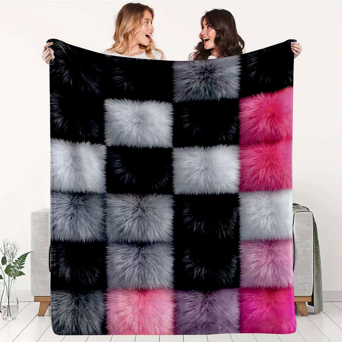 TEMU 1pc Super Soft Checkered Blanket, Cozy Bed Cover, All Season, Skin-friendly Color Block Style, For Sofa Bed, Machine Washable, Modern Neutral