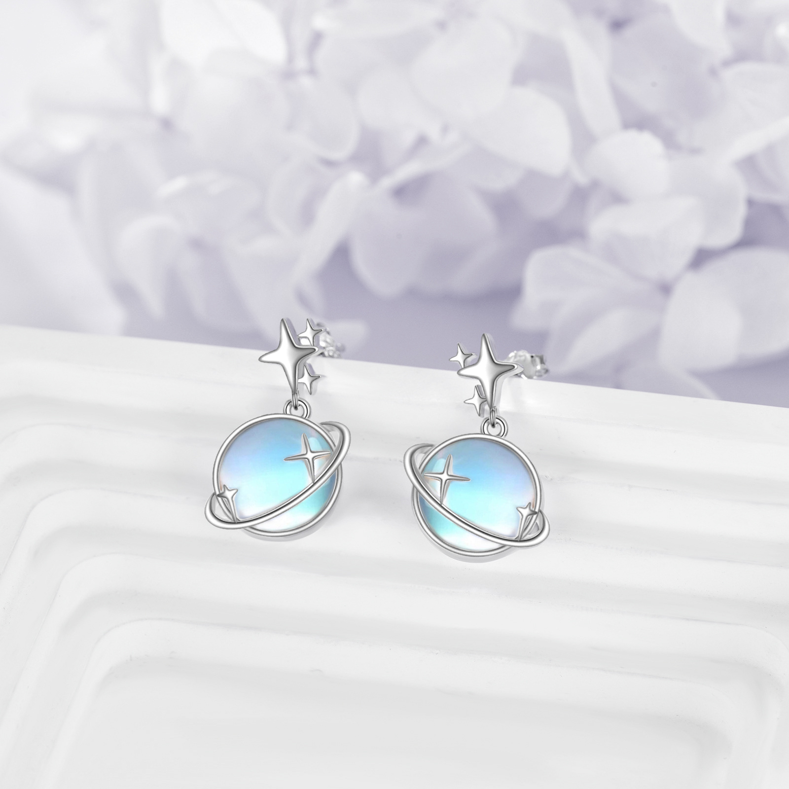 Women's Saturn Planet Moonstone Dangle Drop Earrings