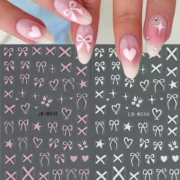 2pcs 3D Nail Ribbons Sticker with Pink and White Bows