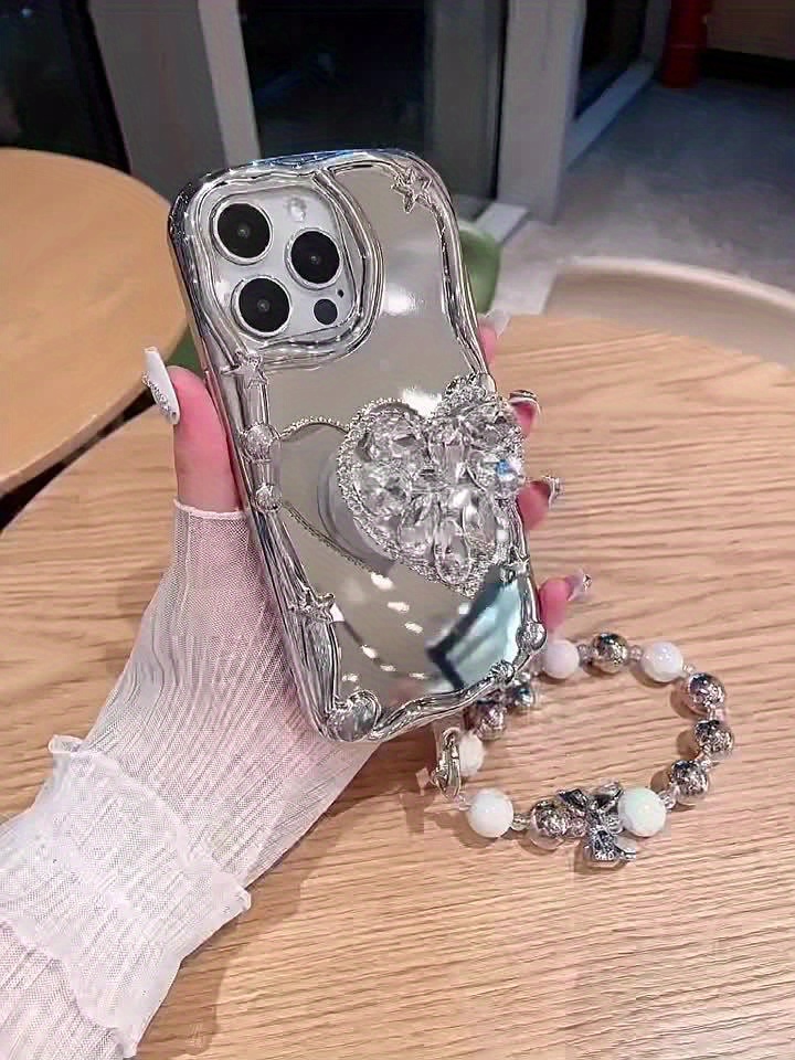 One Set Rhinestones Sparkling Heart-shaped Bracket for iPhone Electroplated Silver New Bracelet Phone Rope Phone Case Set - Image 11