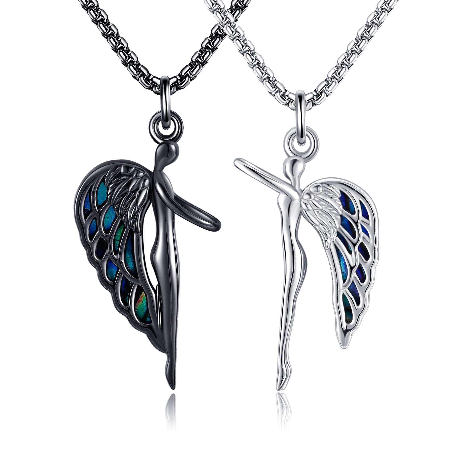 Image of 925 Sterling Silver Abalone Shell Wings Couple Necklace White Black For Daily Wear, Birthday Gift, Christmas Gift, For