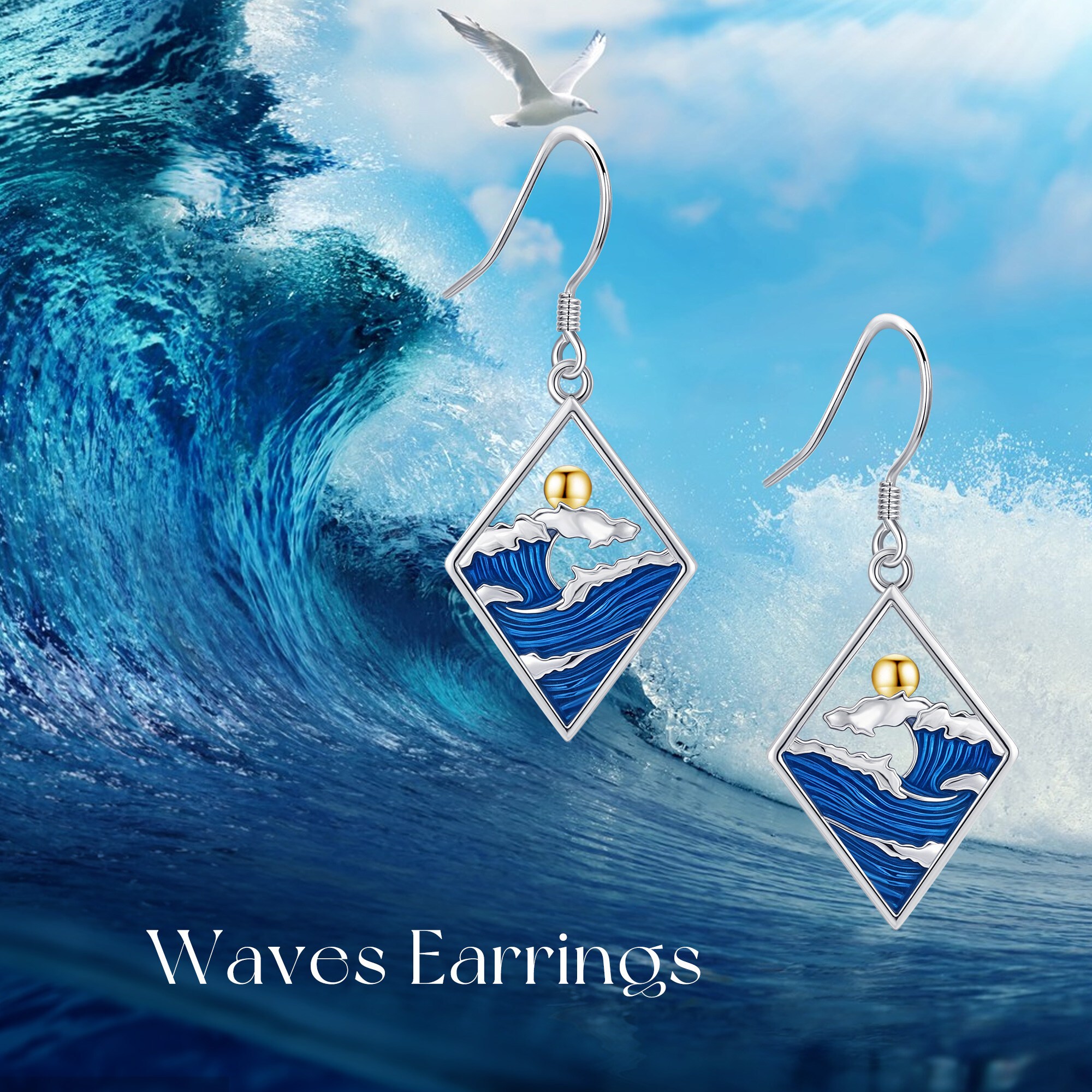 Women's 925 Sterling Silver Wave and Sun Dangle Earrings