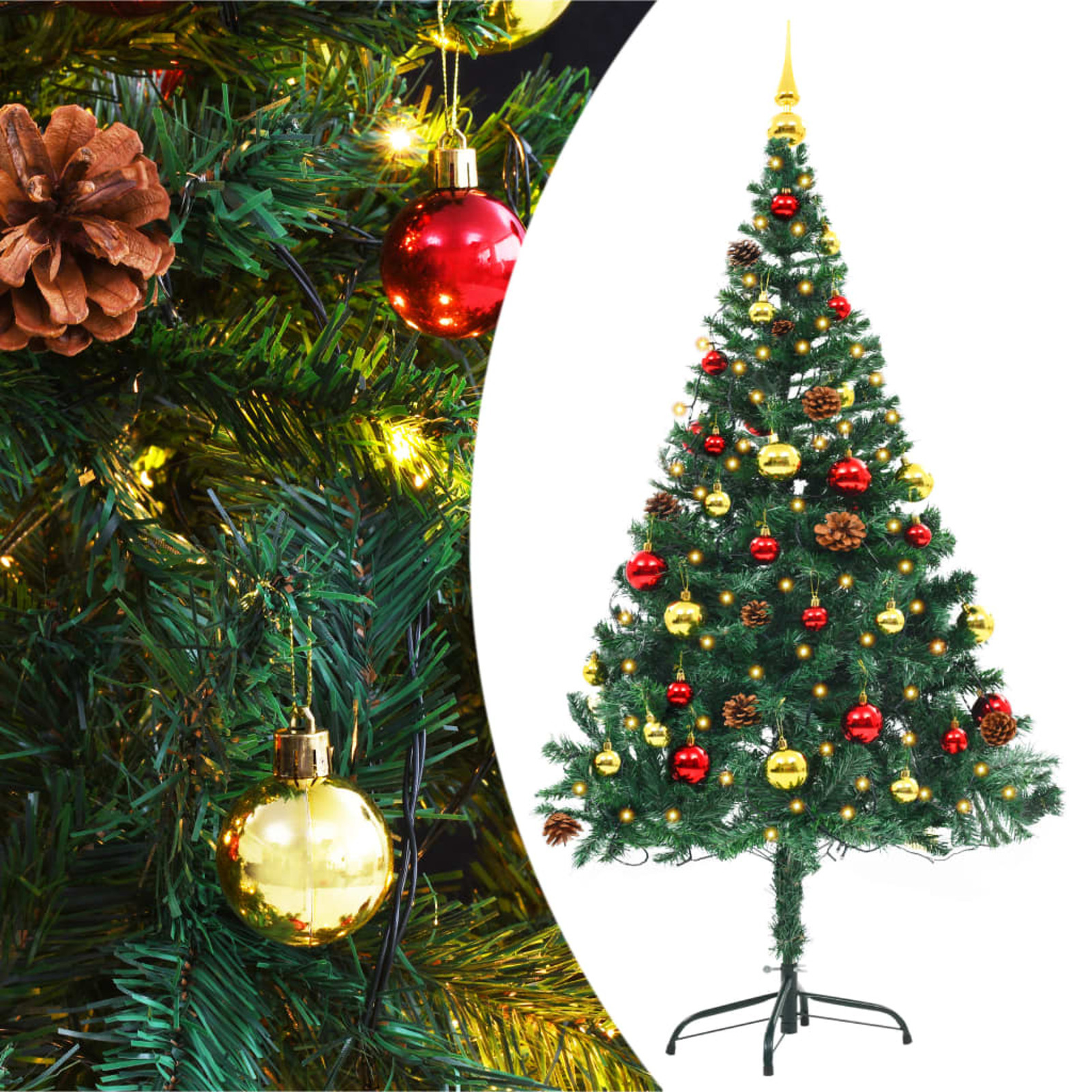 

1pc Arbre de Noël artificiel pré- , 150 cm avec des boules rouges et dorées, des cônes de pin et un support pour la décoration de pendant les vacances