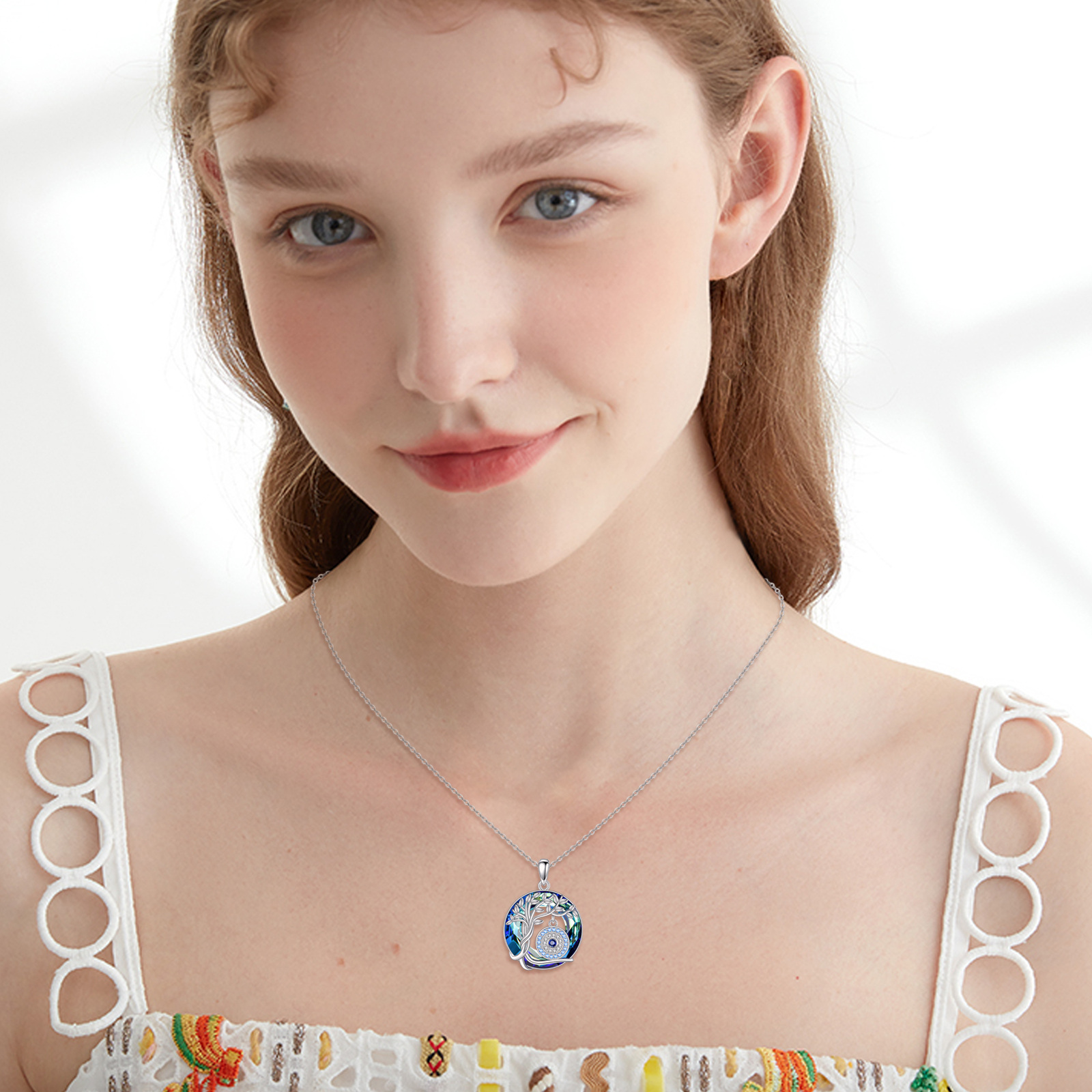 S925 Sterling Silver Evil Eye Necklace with Artificial Crystal & Synthetic Zirconia