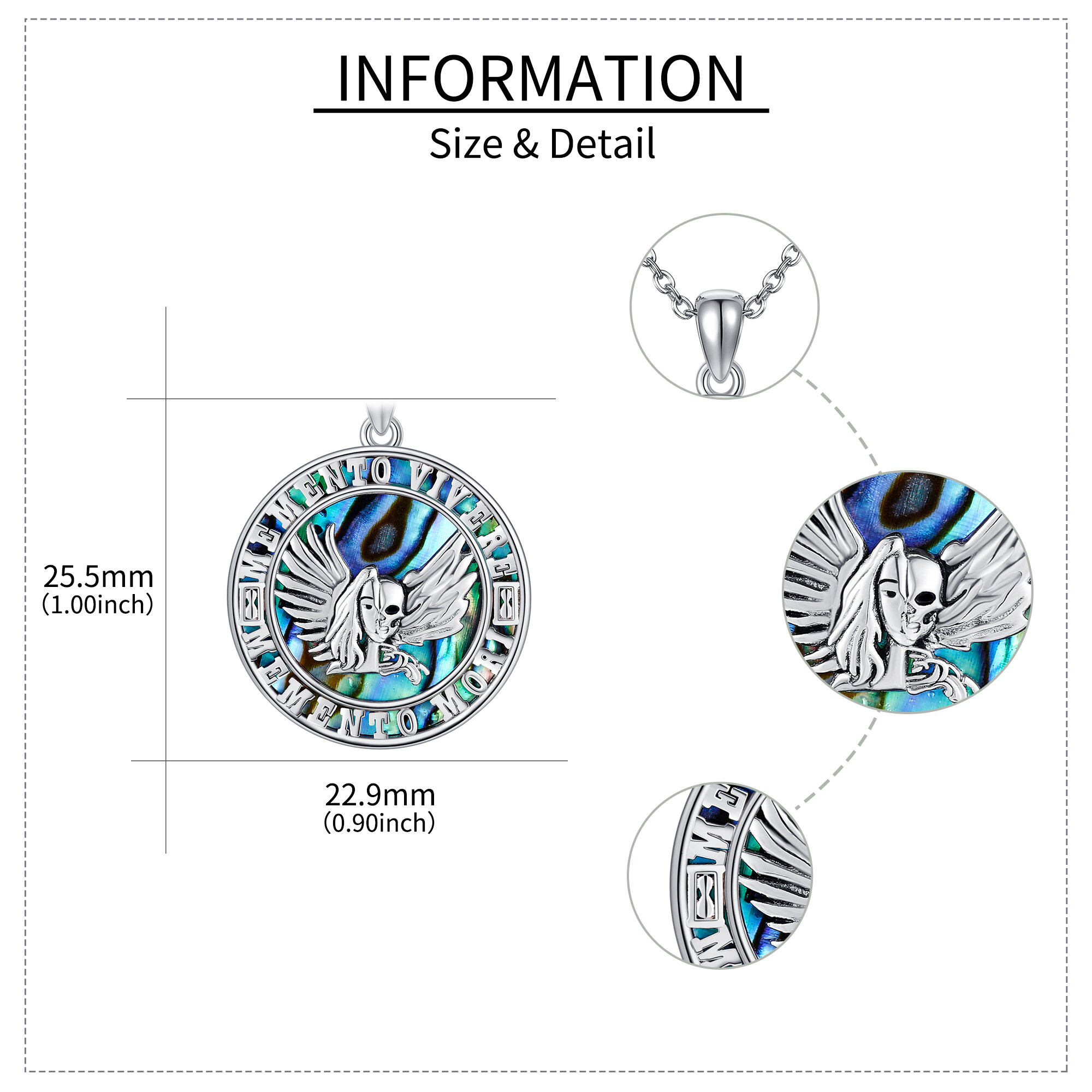925 Sterling Silver Memento Mori Necklace with Synthetic Abalone Shell