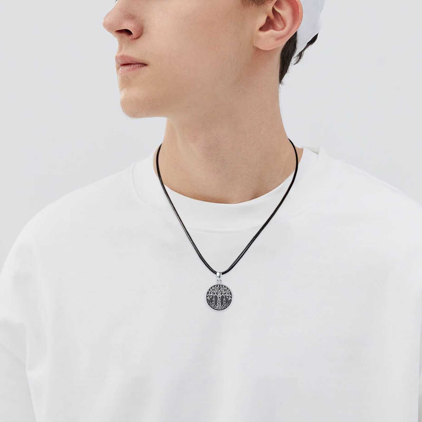 Image of 925 Sterling Silvery Tree Of Life Necklace For Men Wolf Pendant With Celtic Knot Round Viking Amulet Wolf Jewelry Gifts For Women And Men