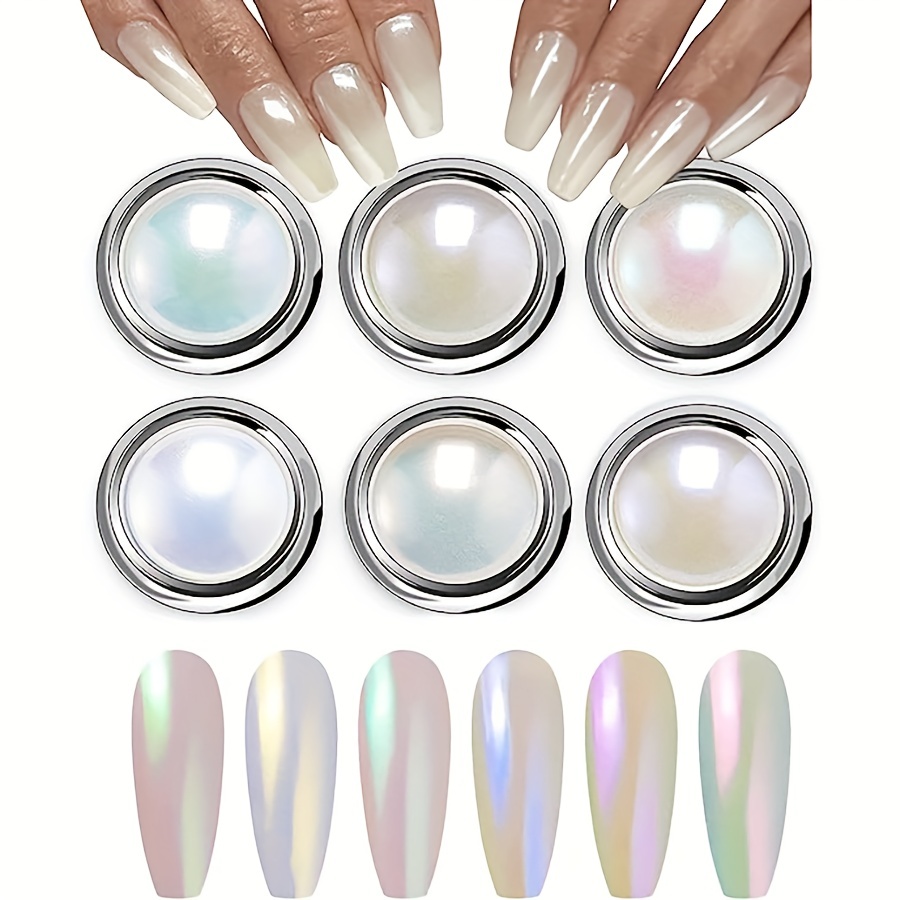 2 Boxes White Pearl Chrome Nail Powder, Mirror Effect Aurora Magic  Pearlescent White Nail Powder Pigment, High Gloss Glitter Nail Art,  Holographic Ice